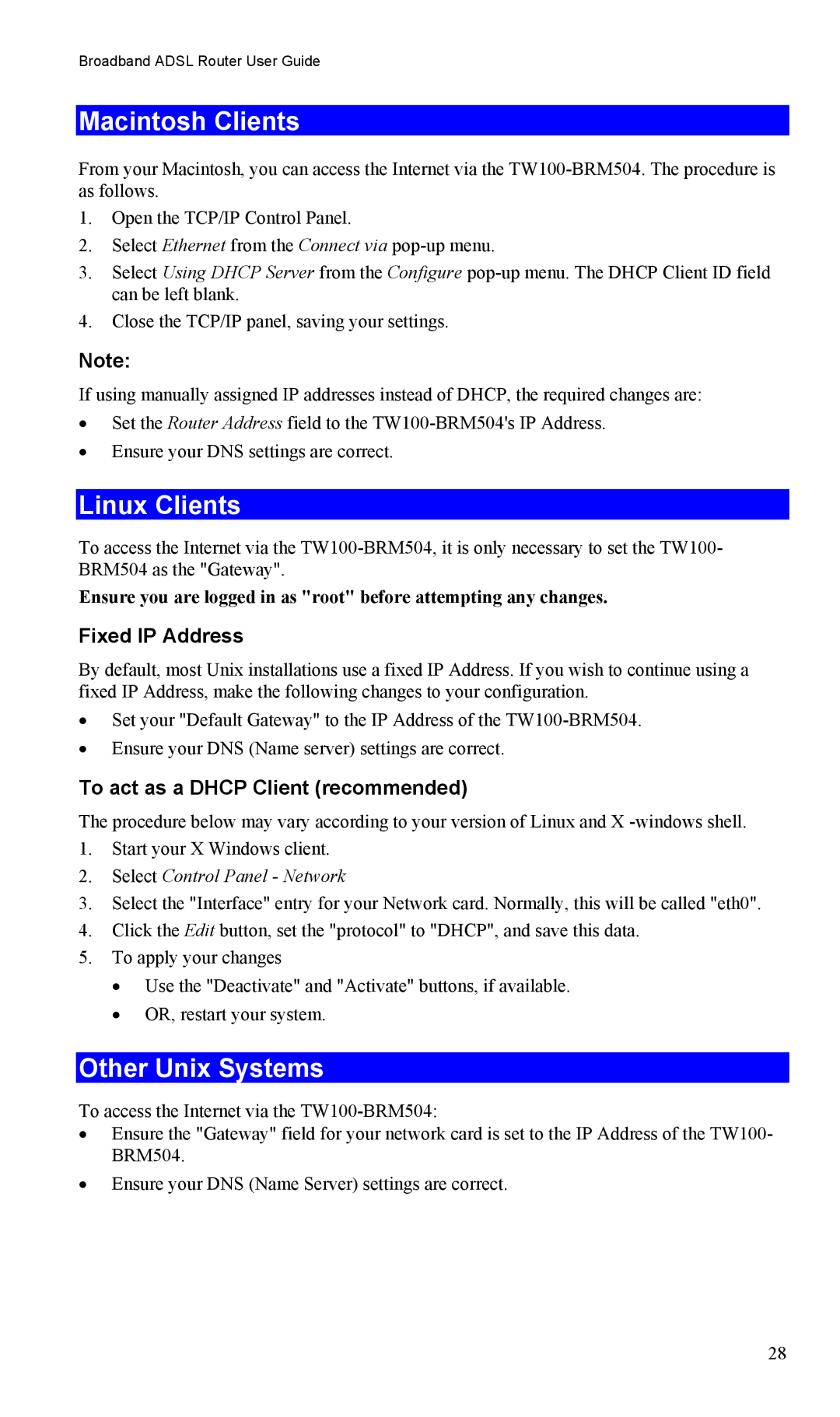 TRENDnet TW100-BRM504 manual Macintosh Clients, Linux Clients, Other Unix Systems, Fixed IP Address 