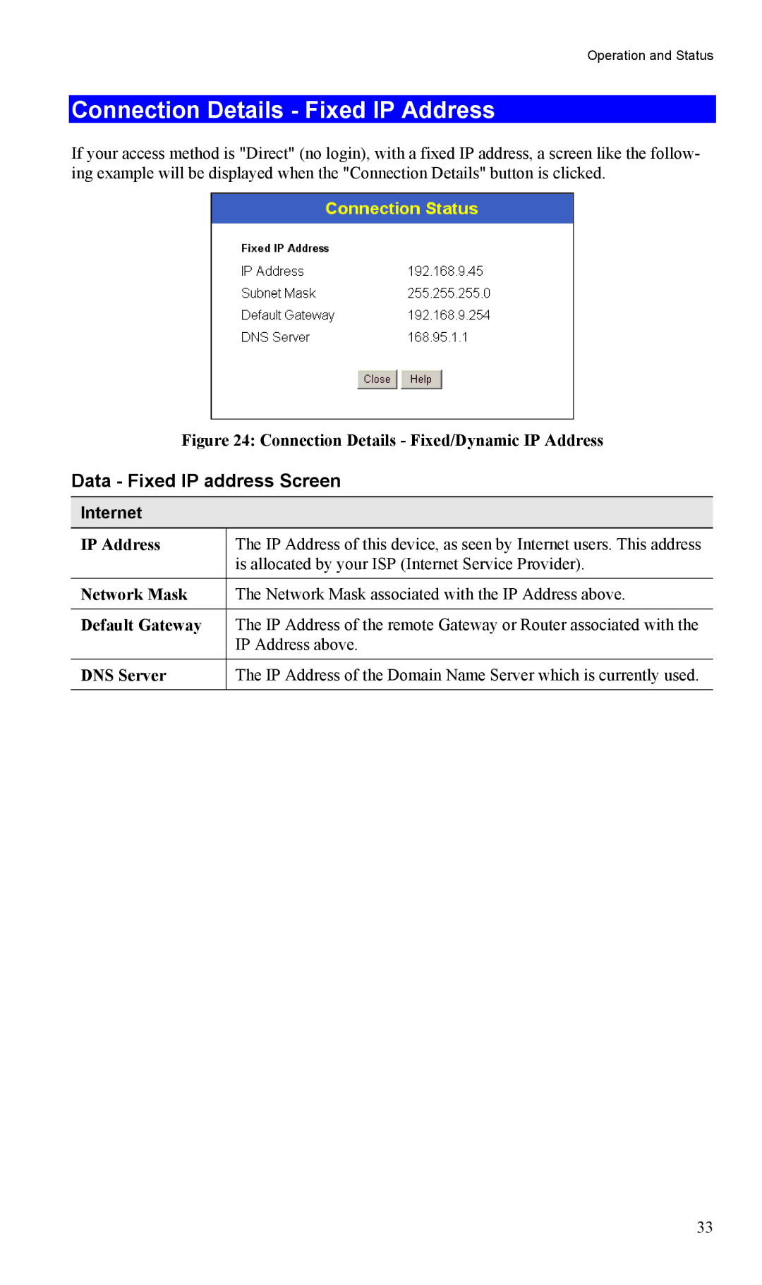 TRENDnet TW100-BRM504 manual Connection Details Fixed IP Address, Data Fixed IP address Screen 