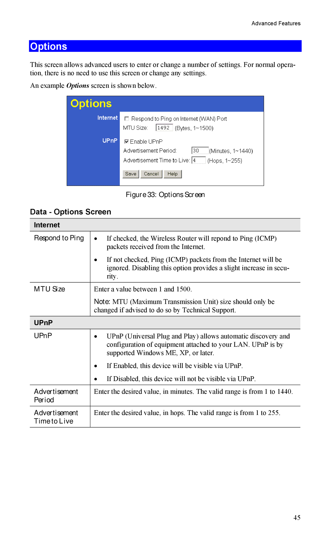 TRENDnet TW100-BRM504 manual Data Options Screen, UPnP 