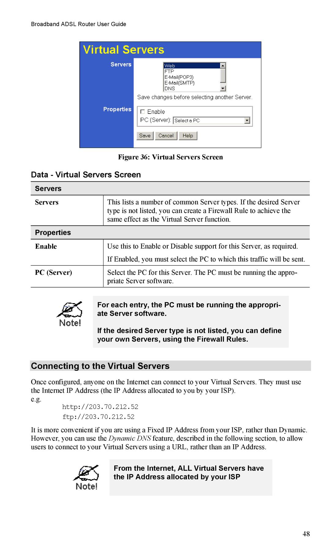 TRENDnet TW100-BRM504 manual Connecting to the Virtual Servers, Data Virtual Servers Screen, Properties 