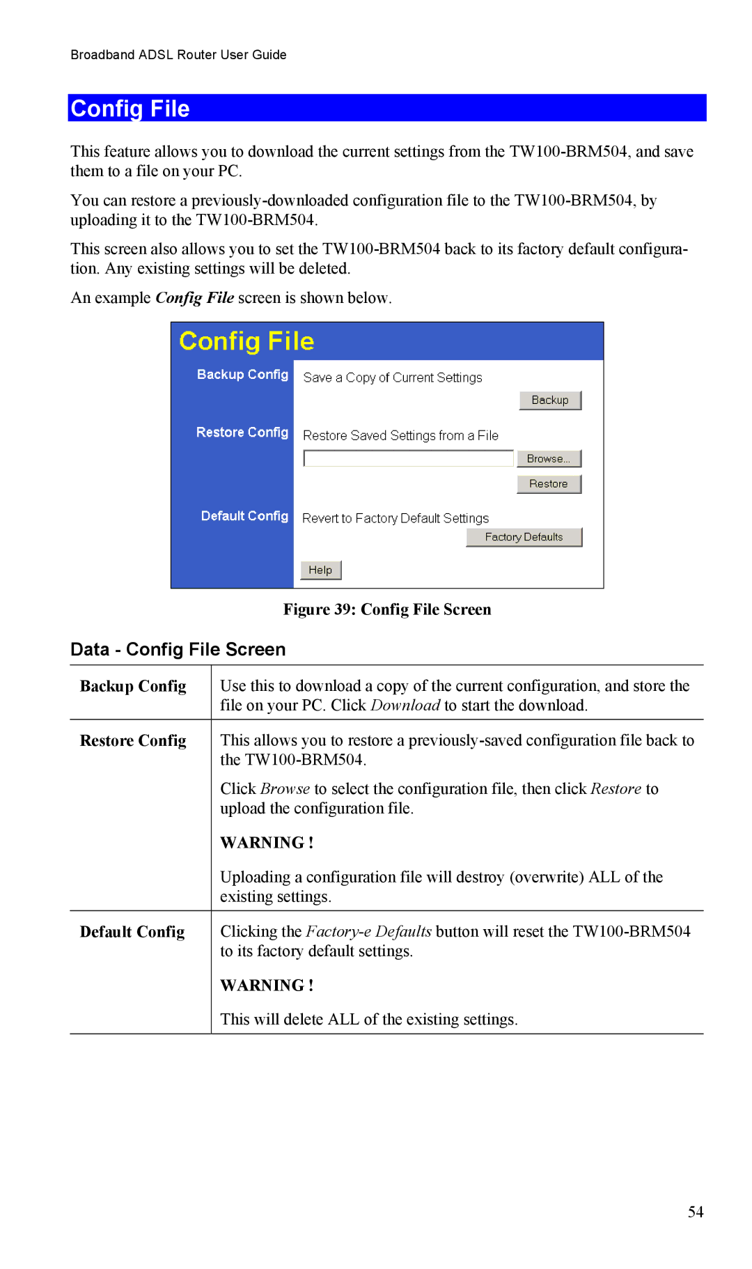 TRENDnet TW100-BRM504 manual Data Config File Screen, Backup Config, Restore Config, Default Config 