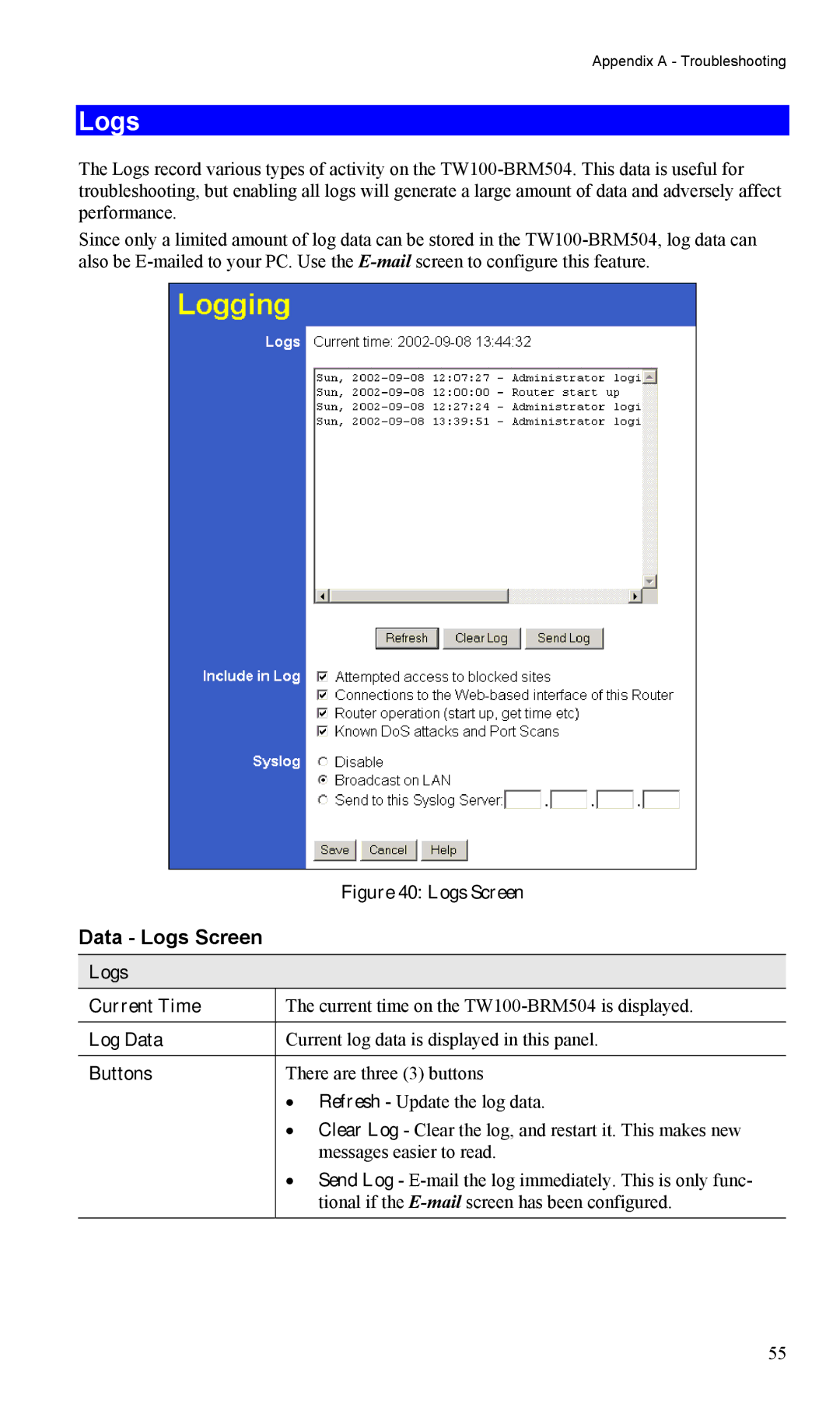 TRENDnet TW100-BRM504 manual Data Logs Screen, Logs Current Time, Log Data 