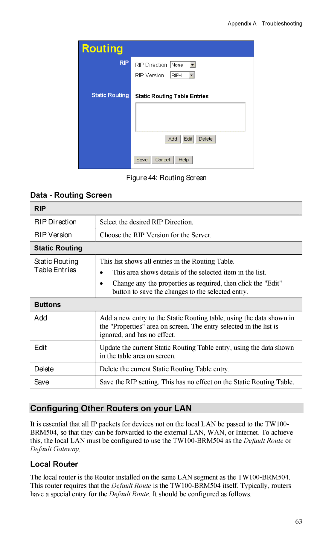 TRENDnet TW100-BRM504 manual Configuring Other Routers on your LAN, Data Routing Screen, Local Router, Static Routing 