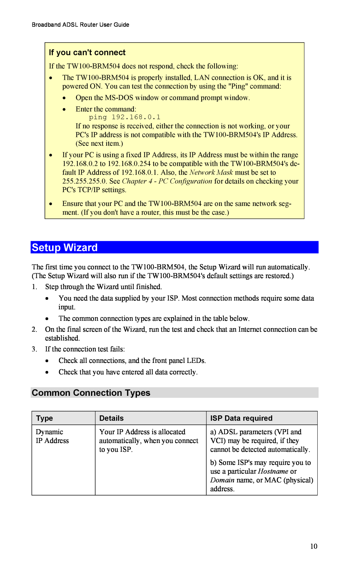 TRENDnet TW100-BRM504 manual Setup Wizard, Common Connection Types, Details, ISP Data required 