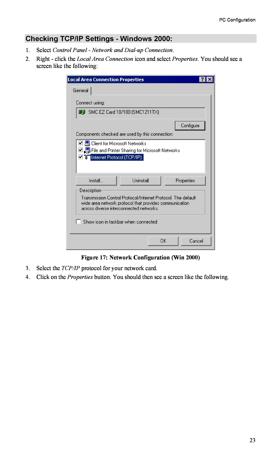 TRENDnet TW100-BRM504 manual Checking TCP/IP Settings - Windows, Network Configuration Win, PC Configuration 