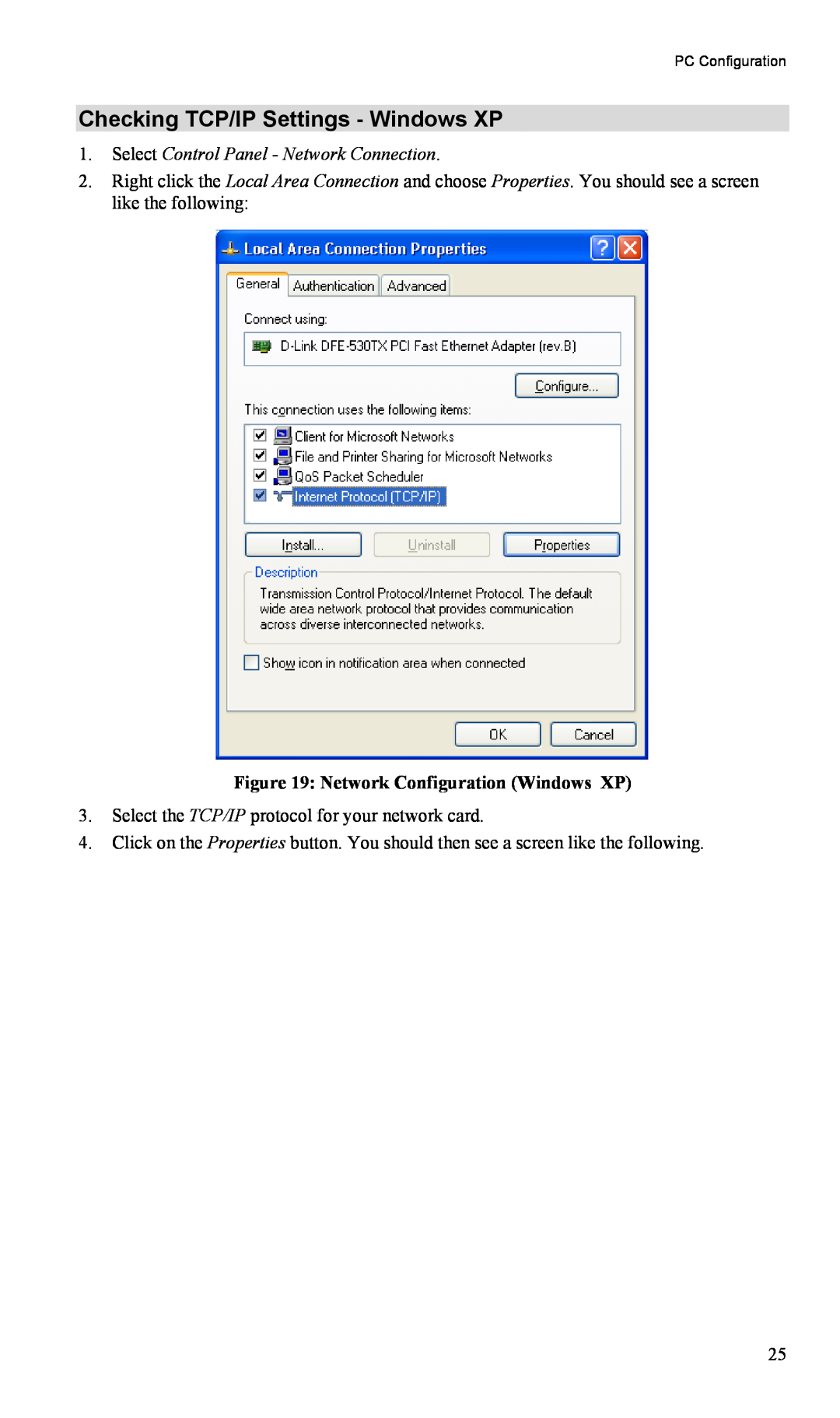 TRENDnet TW100-BRM504 Checking TCP/IP Settings - Windows XP, Select Control Panel - Network Connection, PC Configuration 
