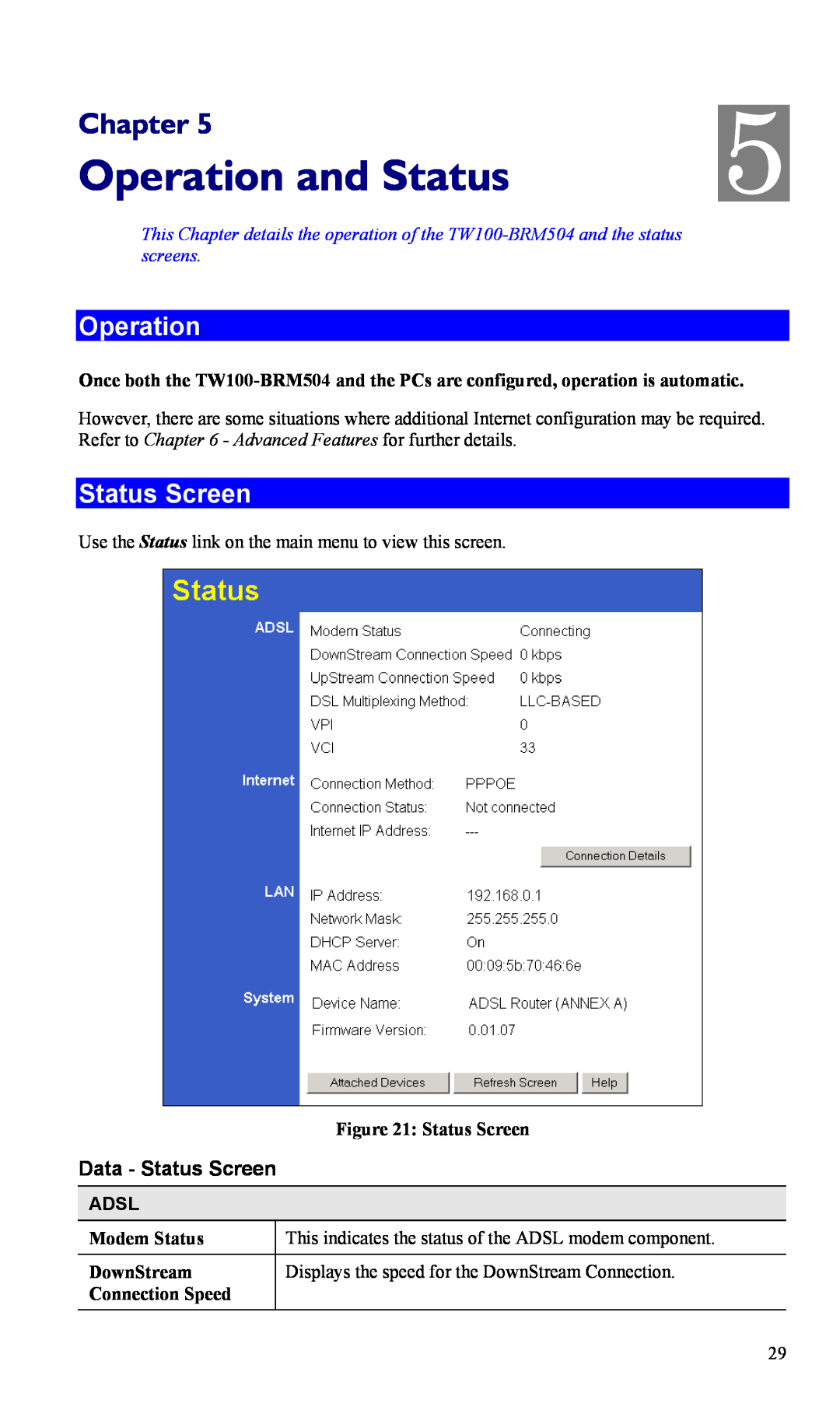 TRENDnet TW100-BRM504 manual Operation and Status, Status Screen, Chapter, Adsl 