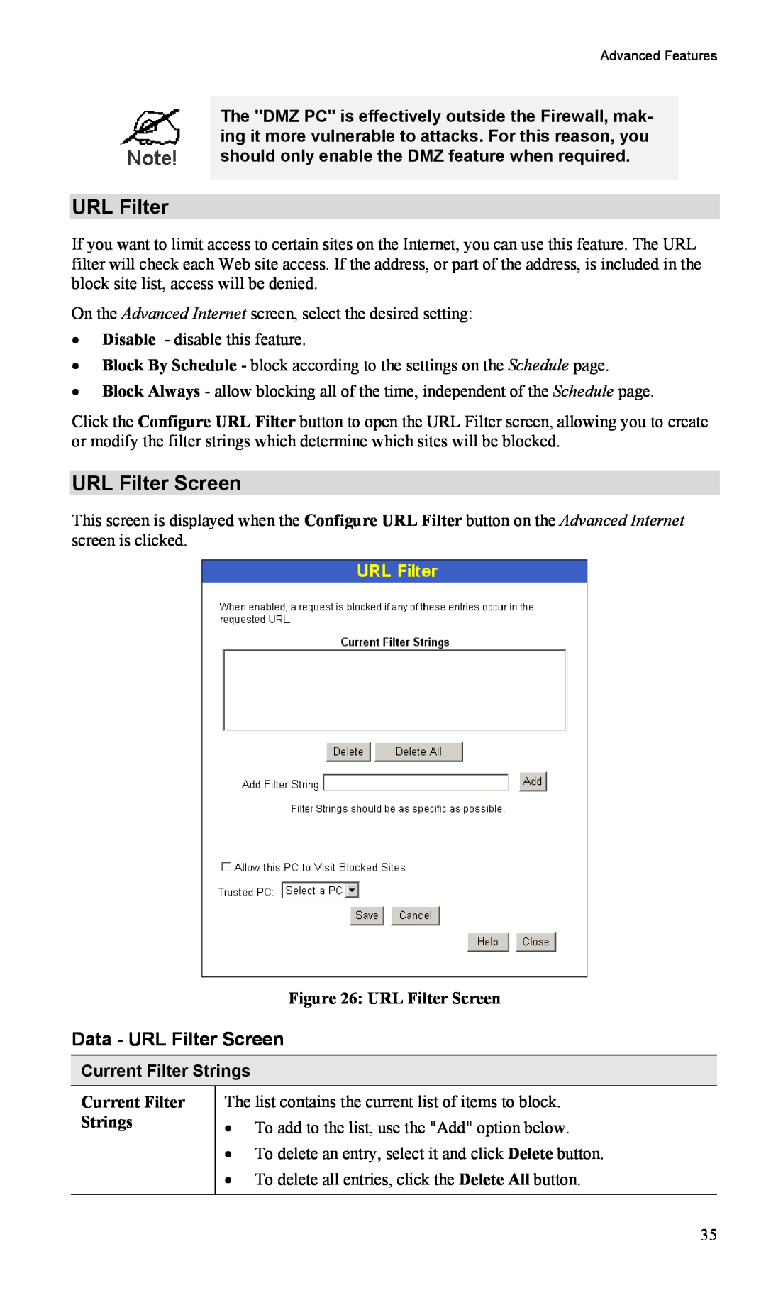 TRENDnet TW100-BRM504 manual Data - URL Filter Screen, Current Filter Strings 