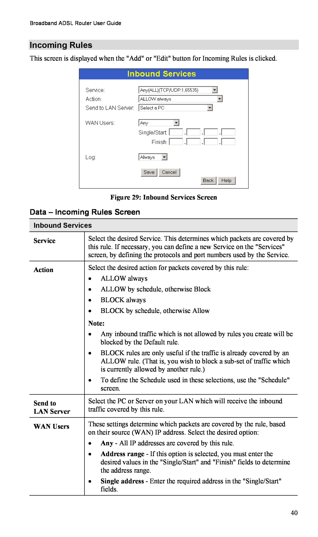 TRENDnet TW100-BRM504 manual Data - Incoming Rules Screen, Inbound Services 