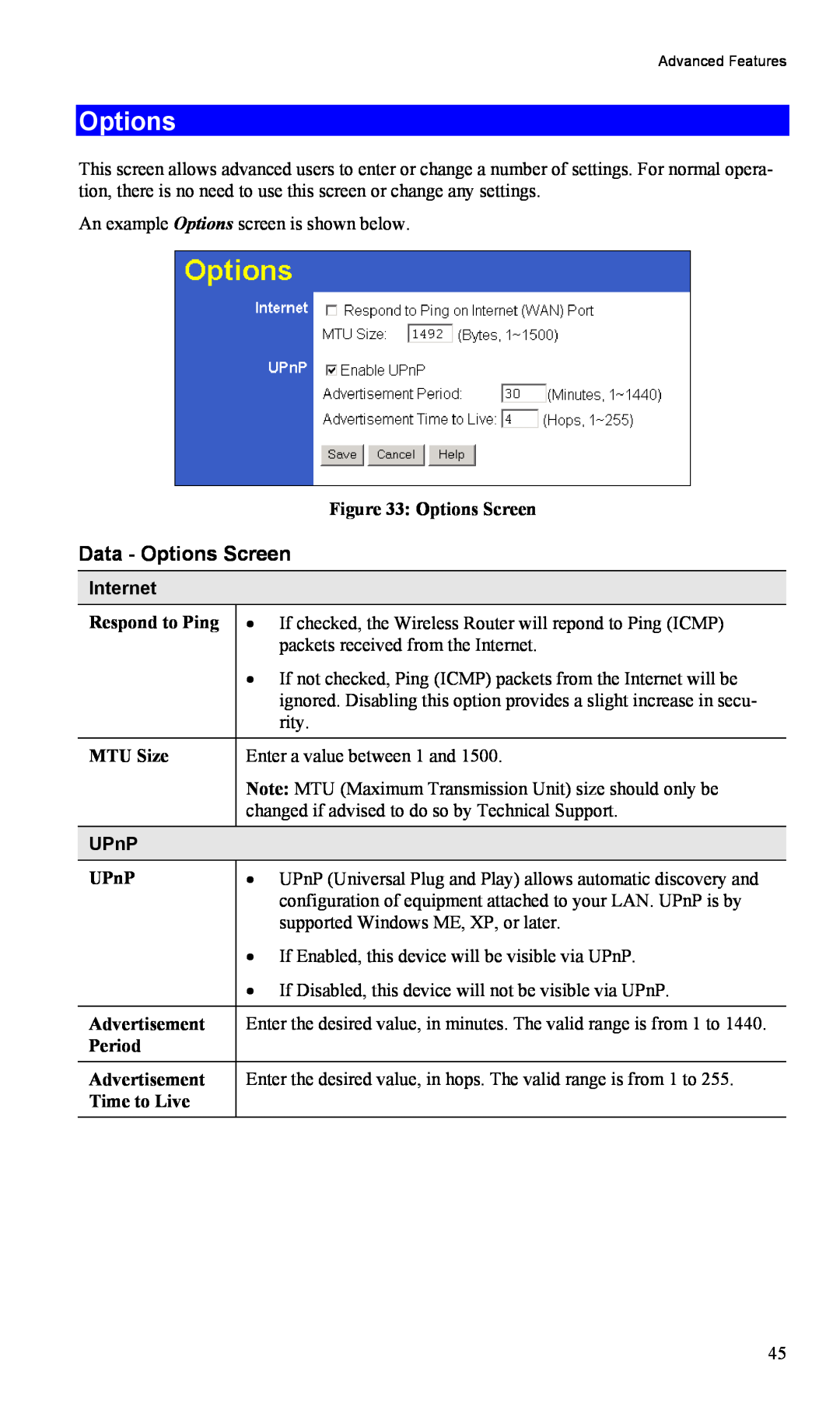TRENDnet TW100-BRM504 manual Data - Options Screen, Internet, UPnP 