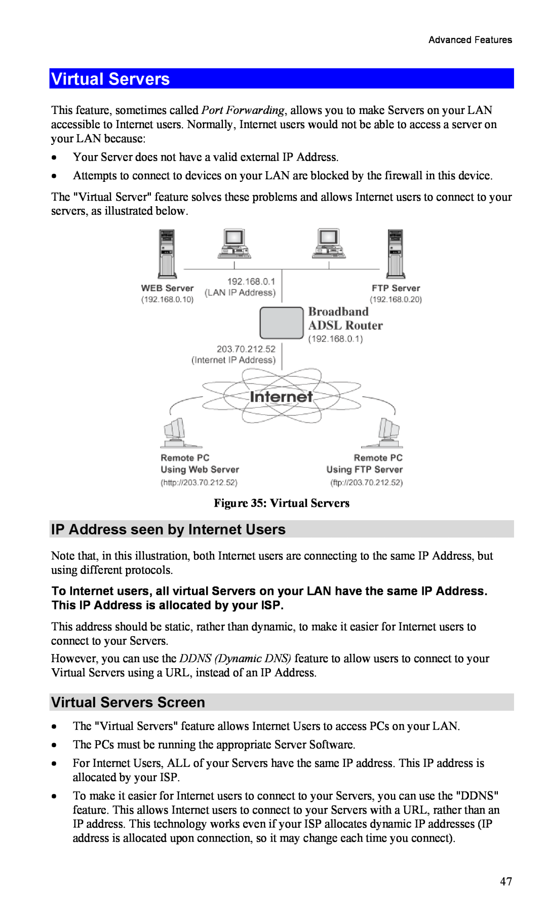 TRENDnet TW100-BRM504 manual IP Address seen by Internet Users, Virtual Servers Screen 