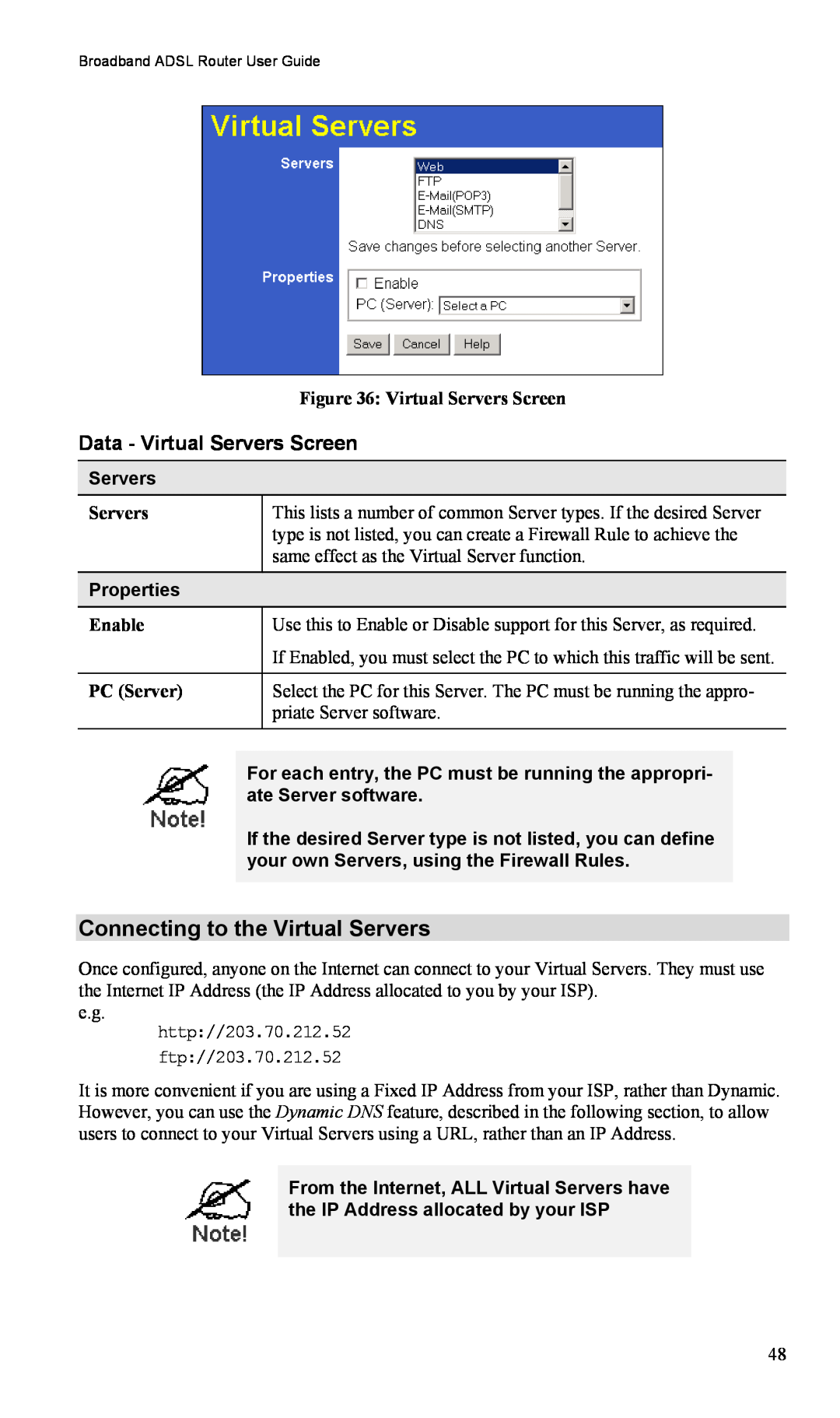 TRENDnet TW100-BRM504 manual Connecting to the Virtual Servers, Data - Virtual Servers Screen, Properties 