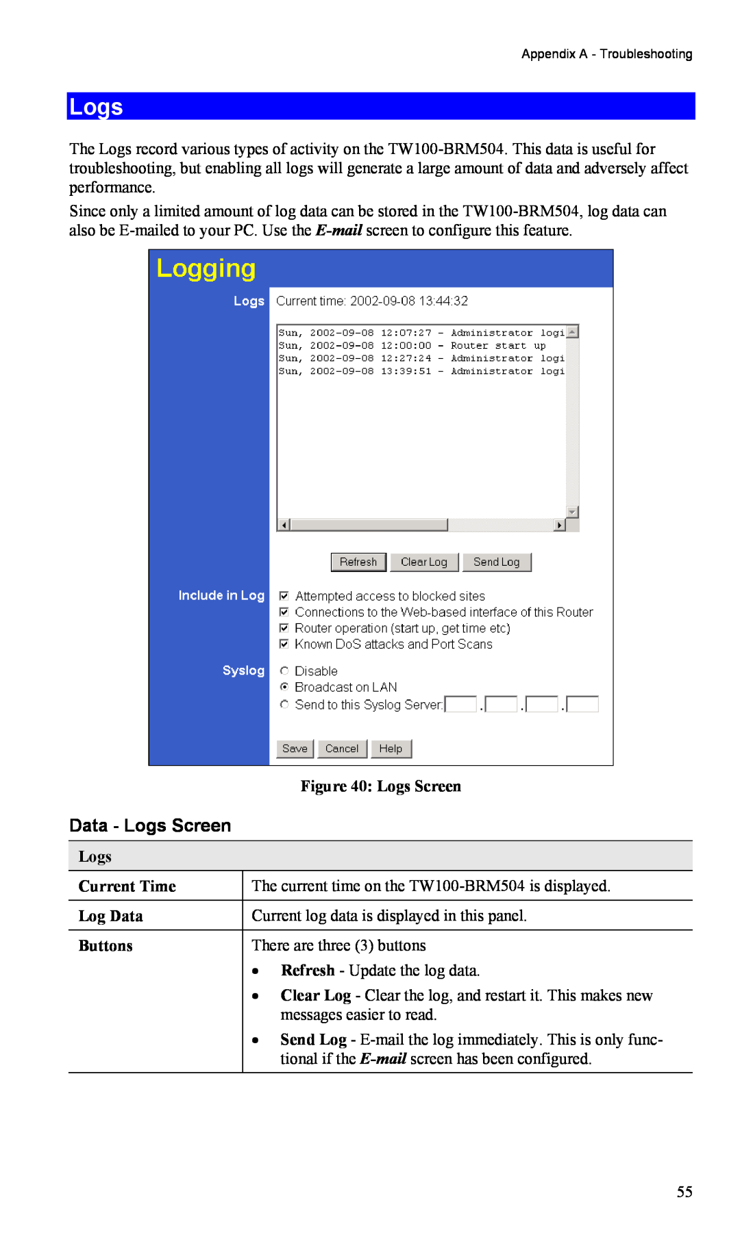 TRENDnet TW100-BRM504 manual Data - Logs Screen 