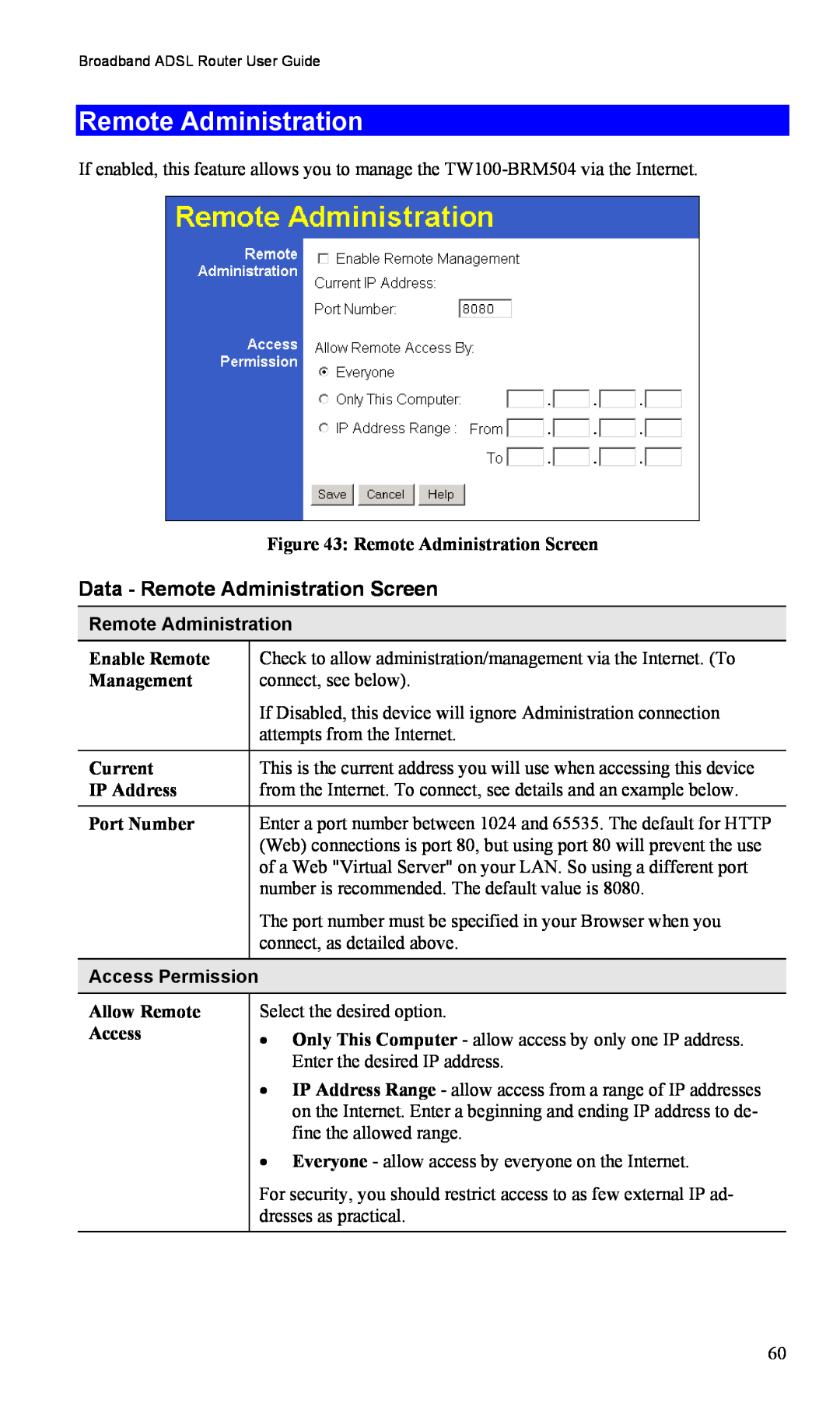 TRENDnet TW100-BRM504 manual Data - Remote Administration Screen, Access Permission 