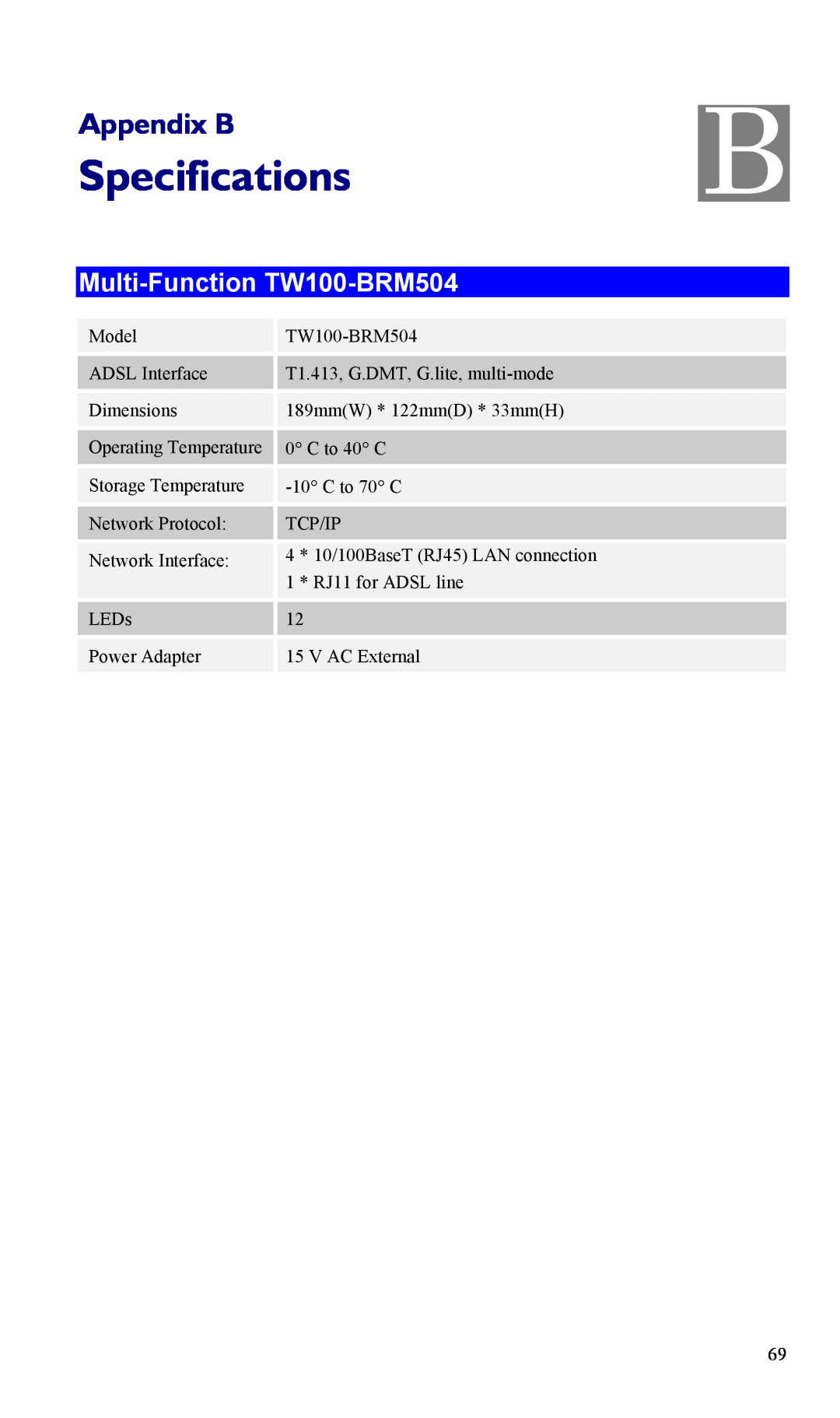 TRENDnet manual Specifications, Appendix B, Multi-Function TW100-BRM504 
