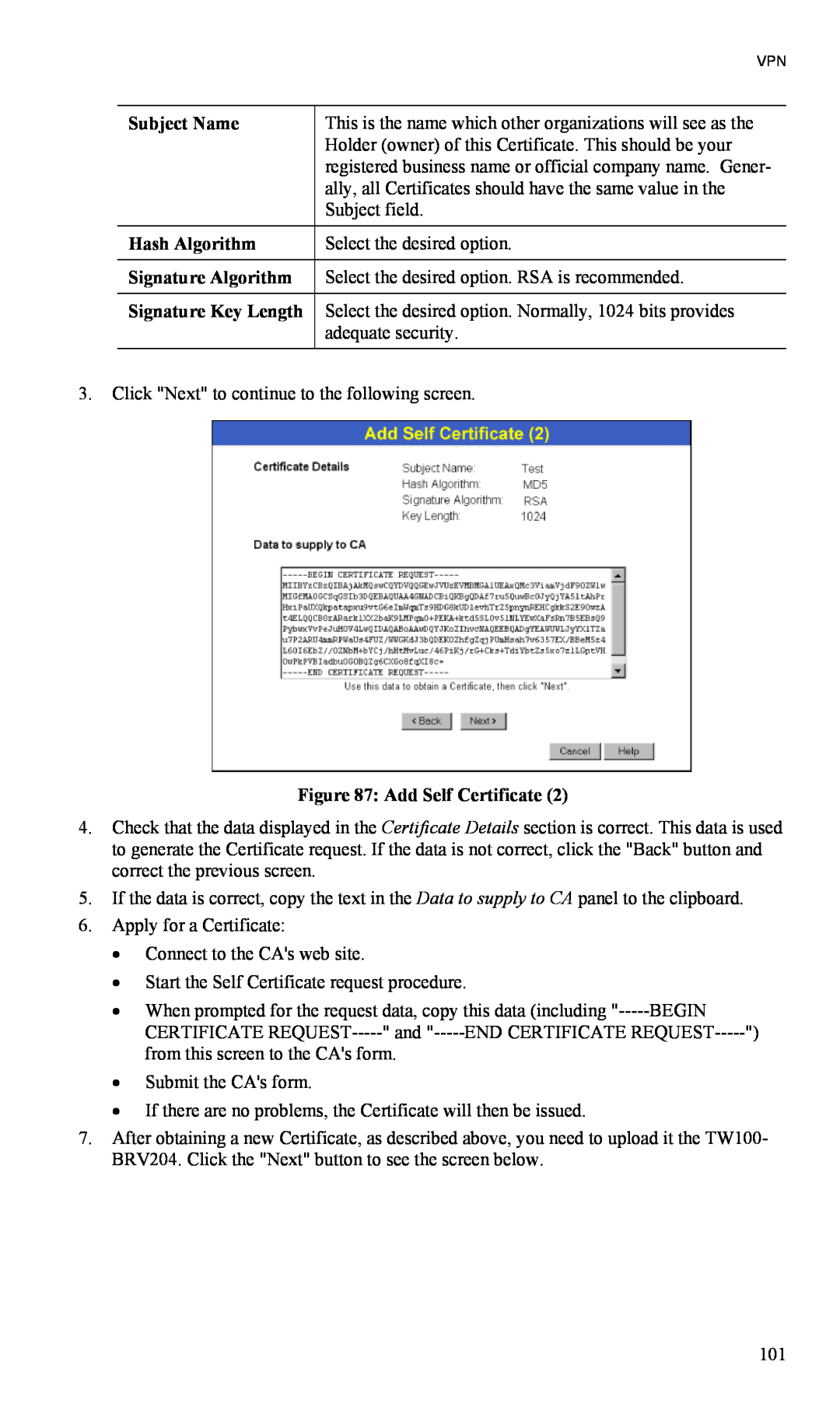 TRENDnet TW100-BRV204 manual Subject Name, Hash Algorithm, Signature Algorithm, Signature Key Length, Add Self Certificate 