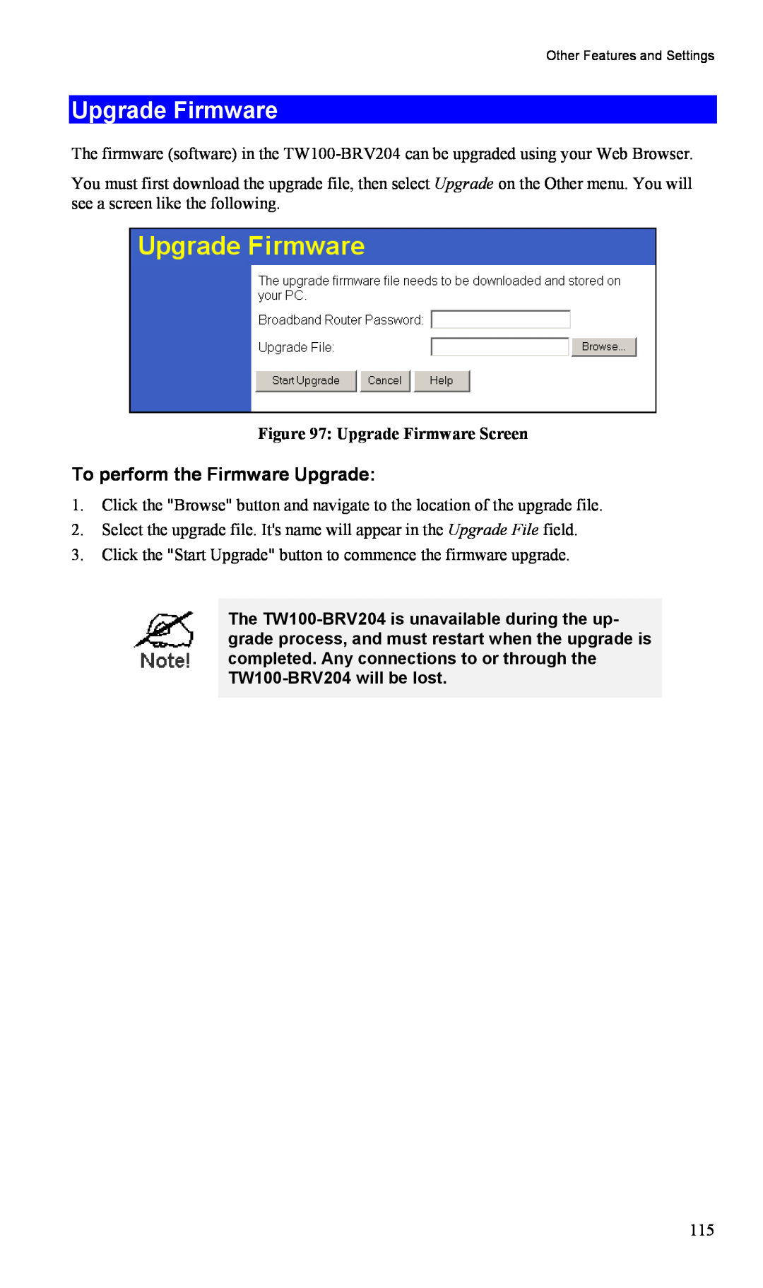 TRENDnet TW100-BRV204, VPN Firewall Router manual Upgrade Firmware, To perform the Firmware Upgrade 