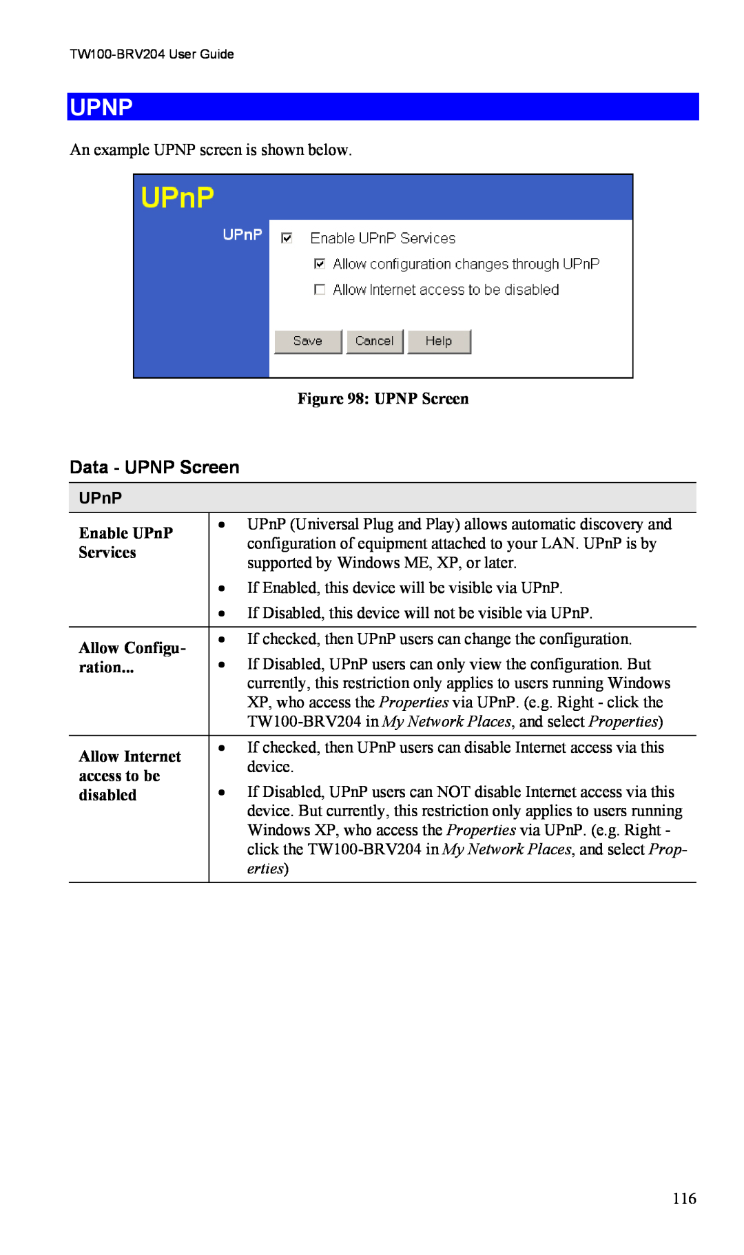 TRENDnet VPN Firewall Router, TW100-BRV204 manual Upnp, Data - UPNP Screen, UPnP, erties 