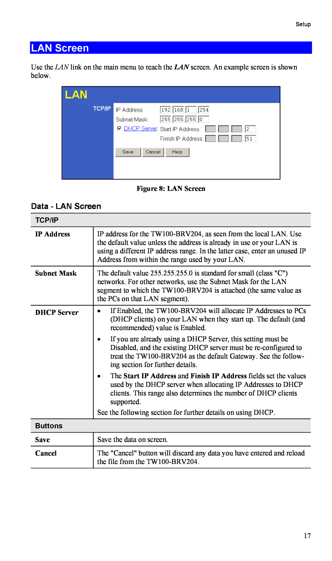 TRENDnet TW100-BRV204, VPN Firewall Router manual Data - LAN Screen, Tcp/Ip, Buttons 