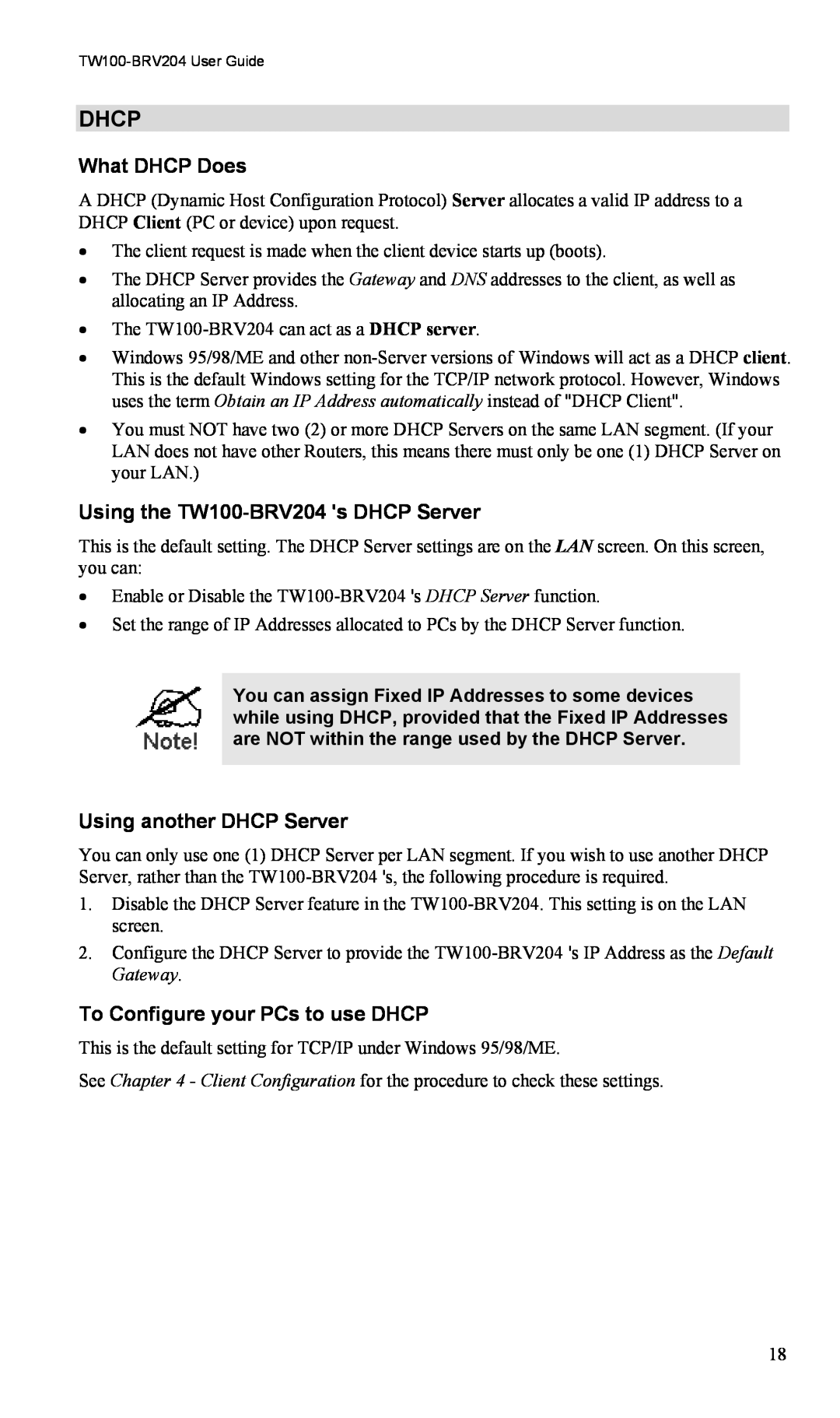 TRENDnet VPN Firewall Router manual Dhcp, What DHCP Does, Using the TW100-BRV204 s DHCP Server, Using another DHCP Server 