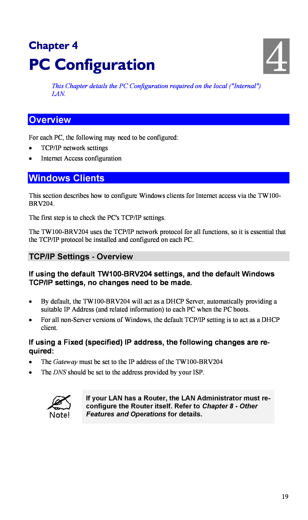 TRENDnet TW100-BRV204, VPN Firewall Router manual PC Configuration, Windows Clients, TCP/IP Settings - Overview, Chapter 