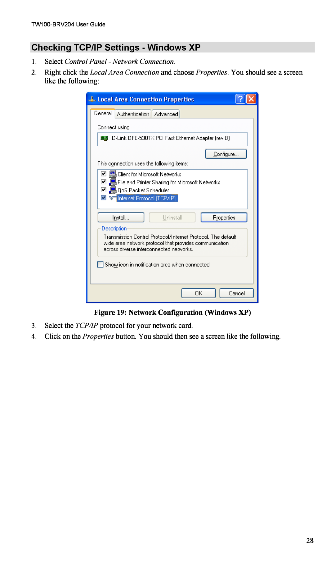TRENDnet VPN Firewall Router manual Checking TCP/IP Settings - Windows XP, Select Control Panel - Network Connection 