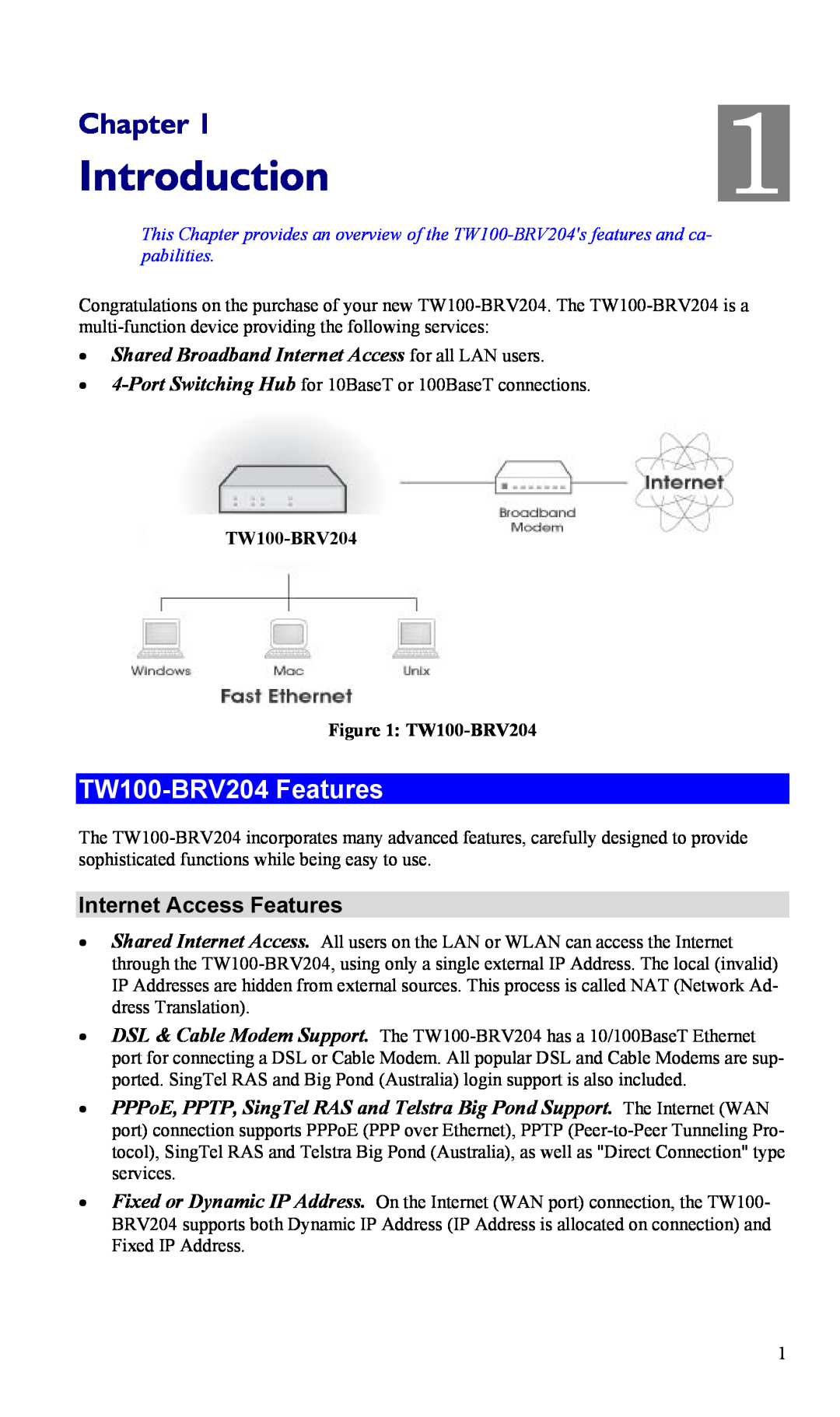 TRENDnet VPN Firewall Router manual Introduction, Chapter, TW100-BRV204 Features, Internet Access Features 