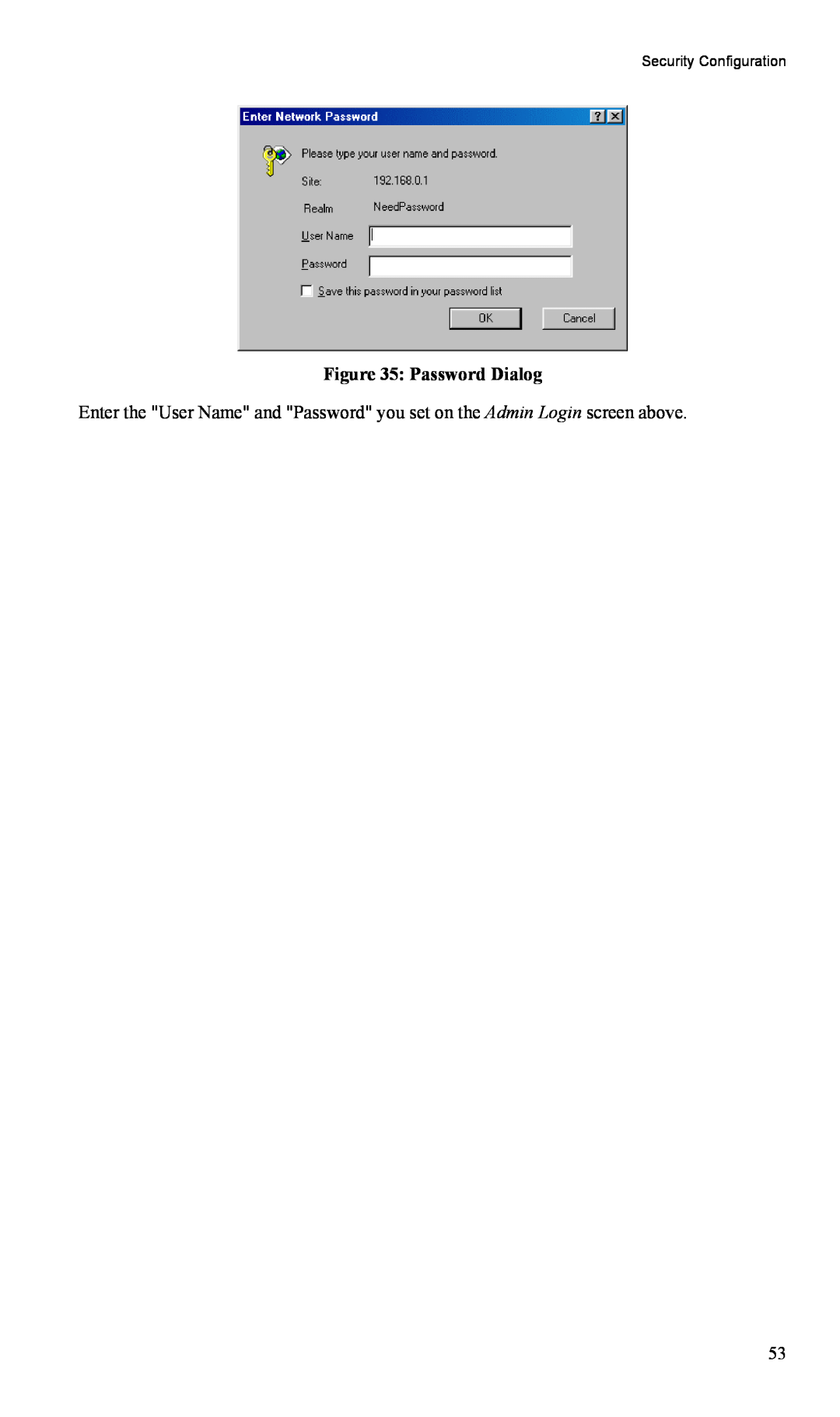 TRENDnet TW100-BRV204, VPN Firewall Router manual Password Dialog, Security Configuration 