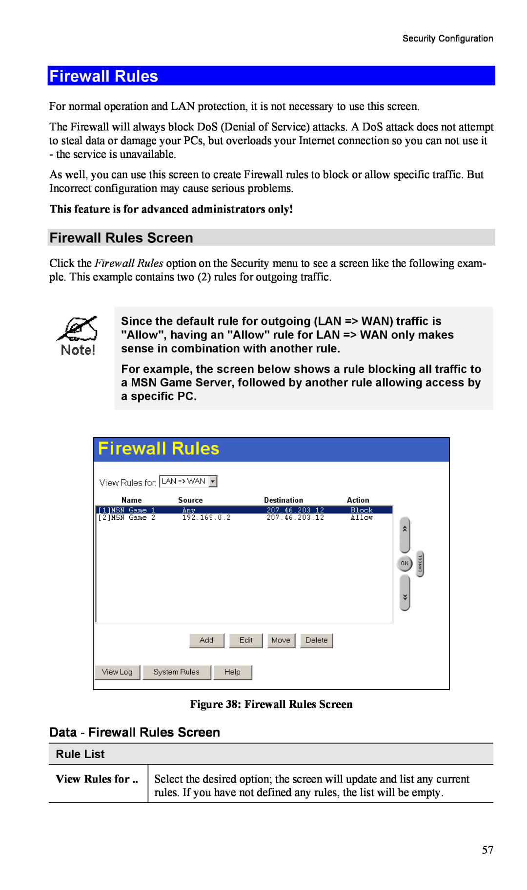 TRENDnet TW100-BRV204, VPN Firewall Router manual Firewall Rules Screen, Rule List 