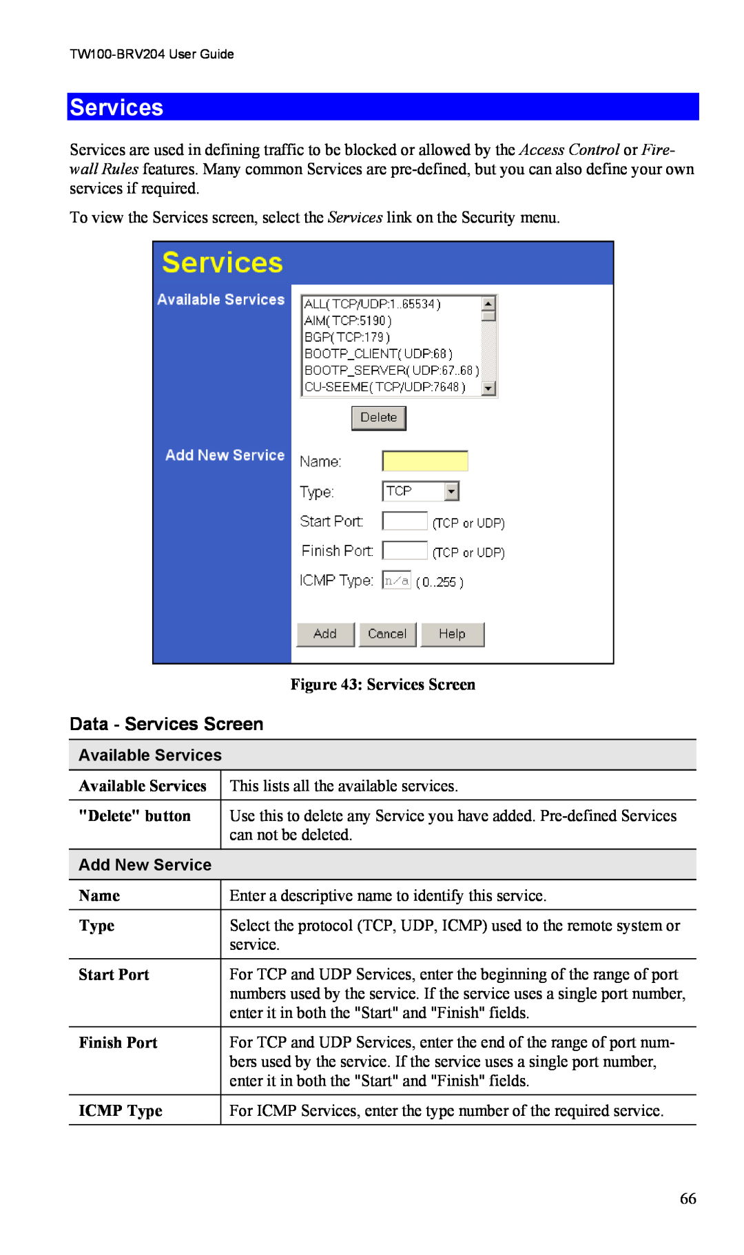 TRENDnet VPN Firewall Router, TW100-BRV204 manual Data - Services Screen, Available Services, Add New Service 