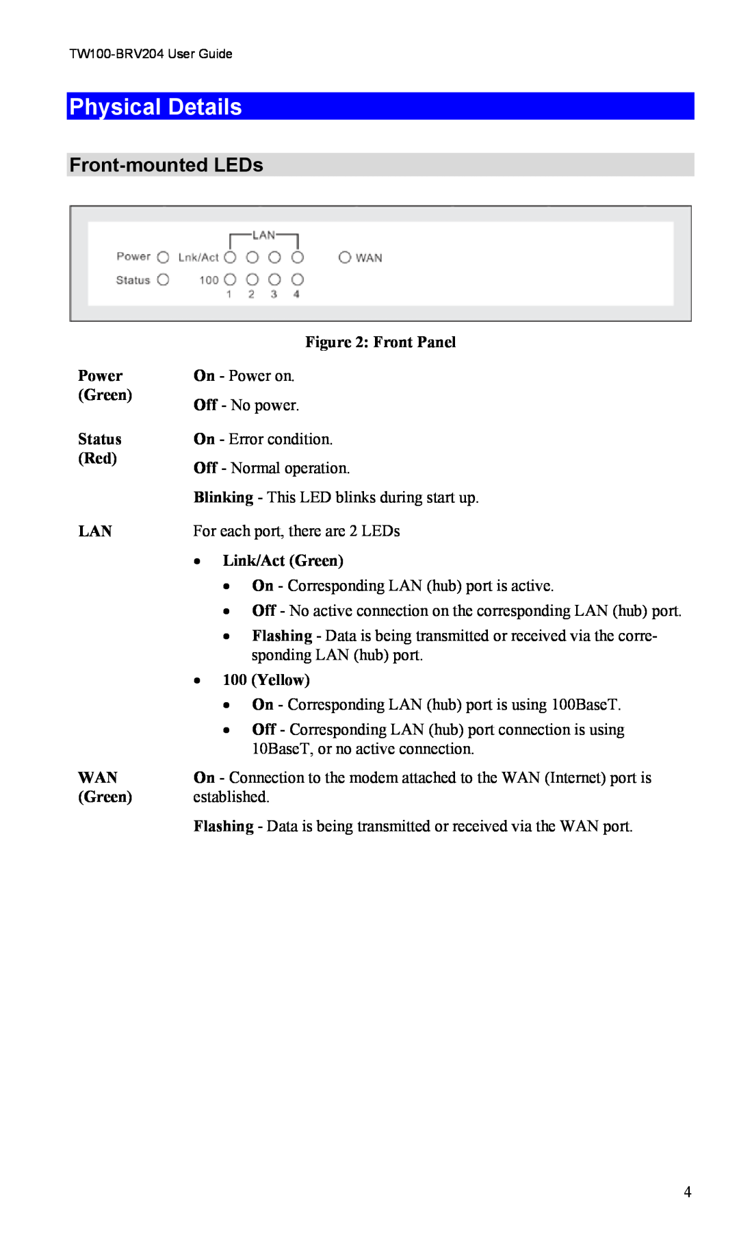 TRENDnet VPN Firewall Router, TW100-BRV204 manual Physical Details, Front-mounted LEDs 