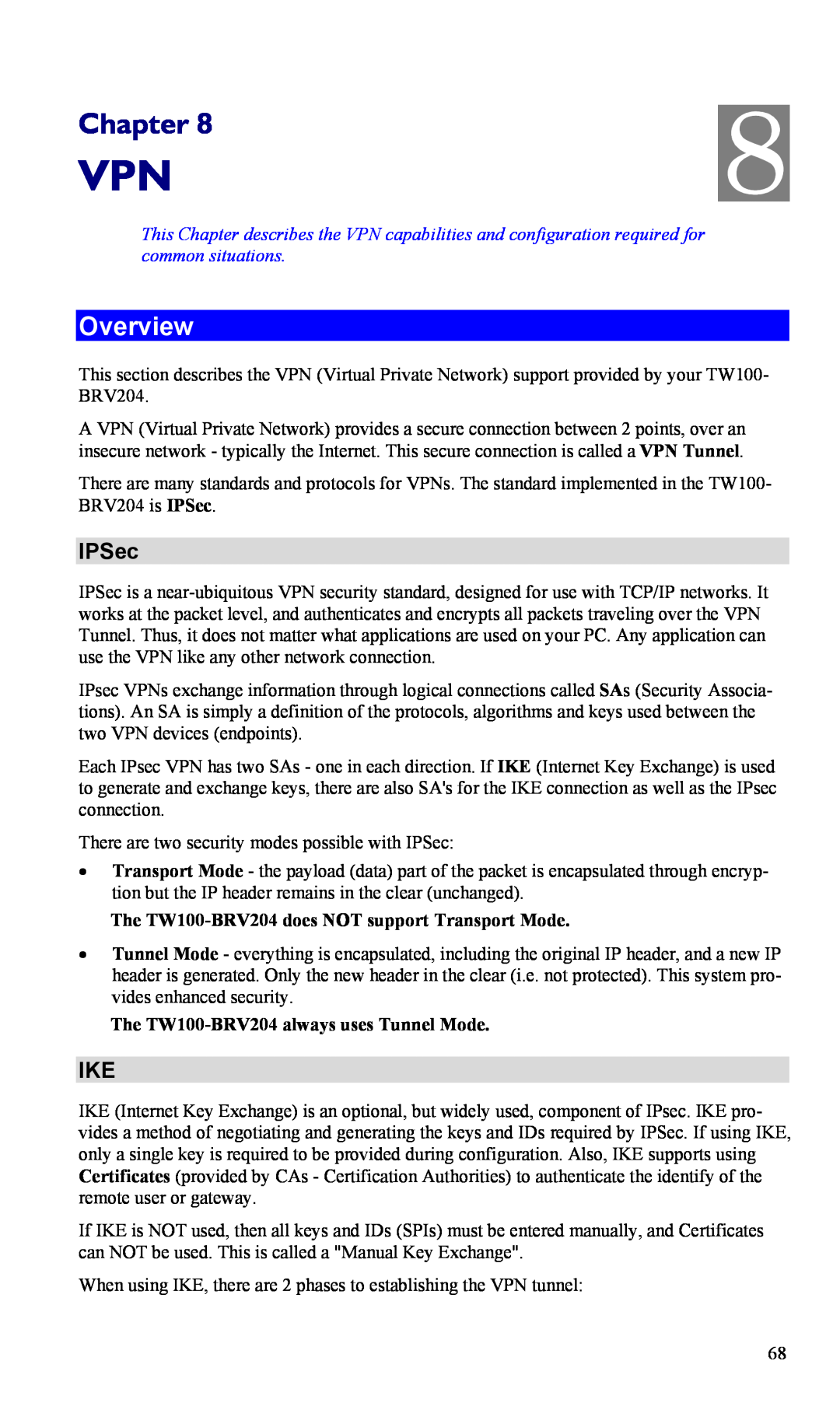 TRENDnet VPN Firewall Router, TW100-BRV204 manual IPSec, Chapter, Overview 