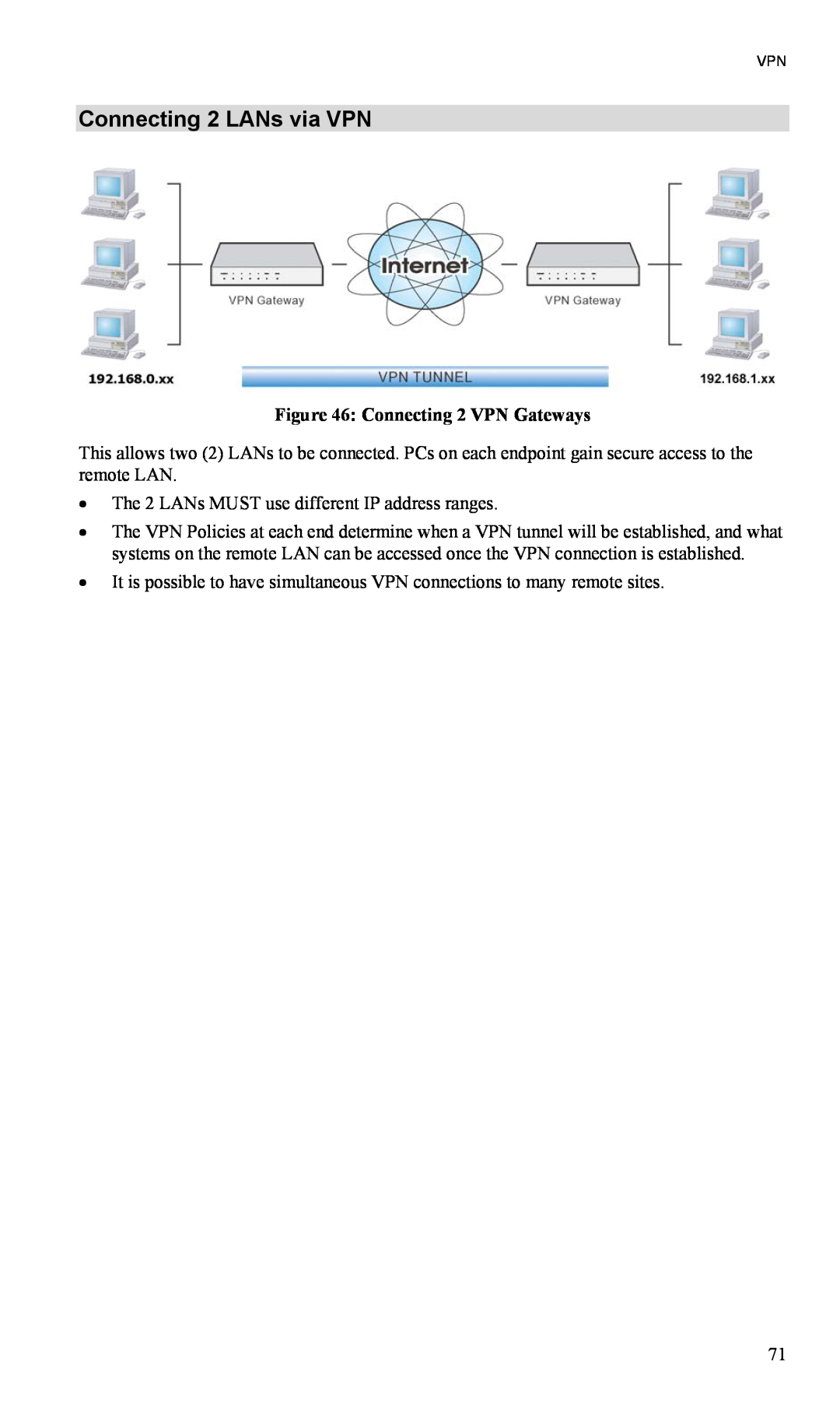 TRENDnet TW100-BRV204, VPN Firewall Router manual Connecting 2 LANs via VPN, Connecting 2 VPN Gateways 