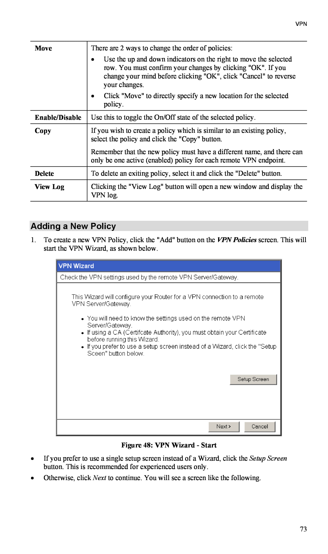 TRENDnet TW100-BRV204 manual Adding a New Policy, Move, Enable/Disable, Copy, Delete, View Log, VPN Wizard - Start 