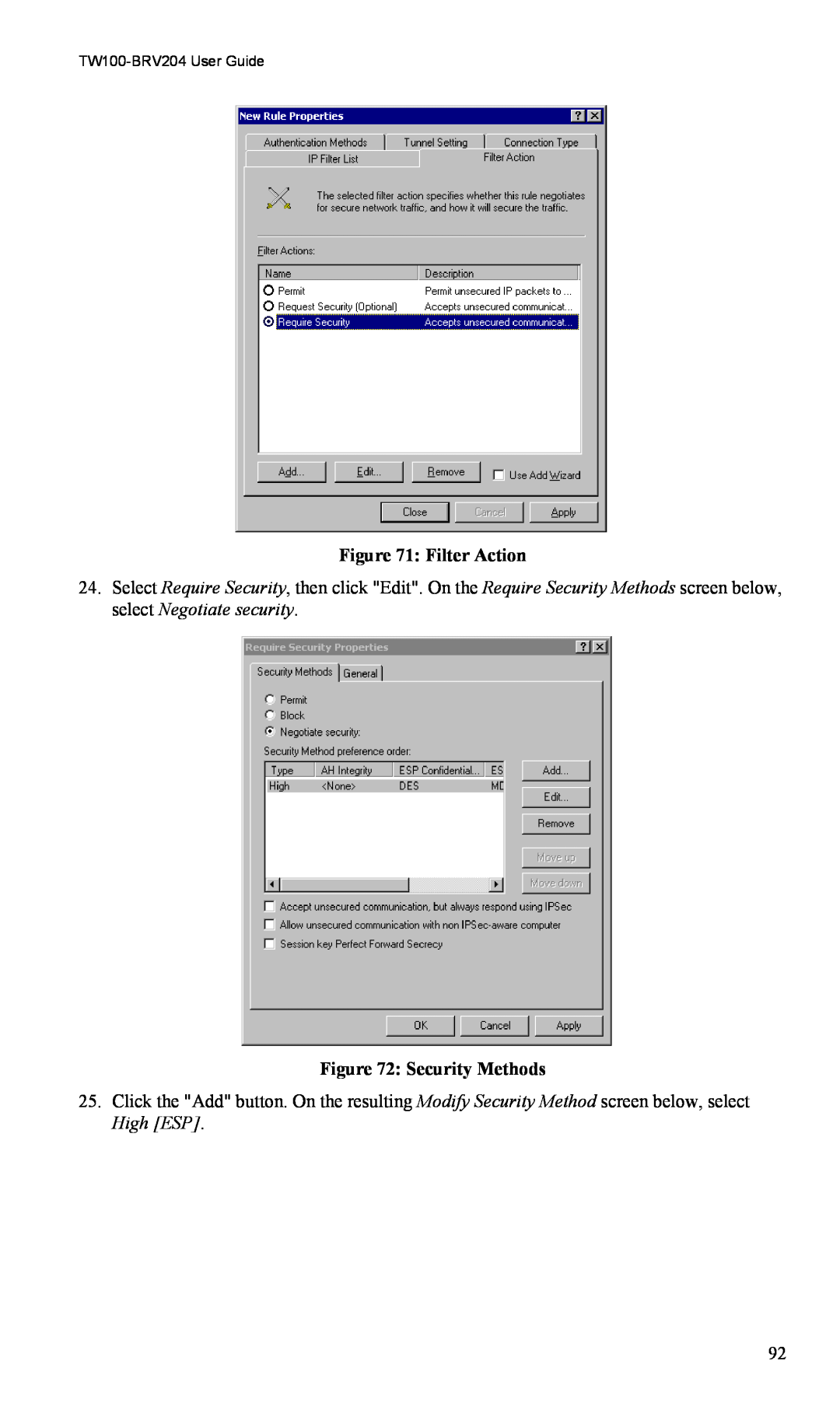TRENDnet VPN Firewall Router, TW100-BRV204 manual Filter Action, Security Methods 