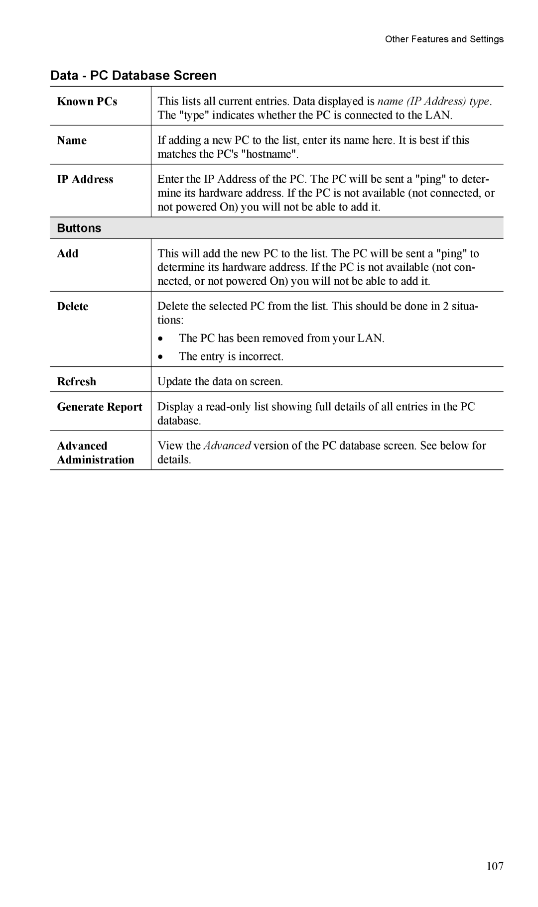 TRENDnet TW100-BRV204, VPN Firewall Router Data PC Database Screen, Known PCs, Generate Report, Advanced, Administration 