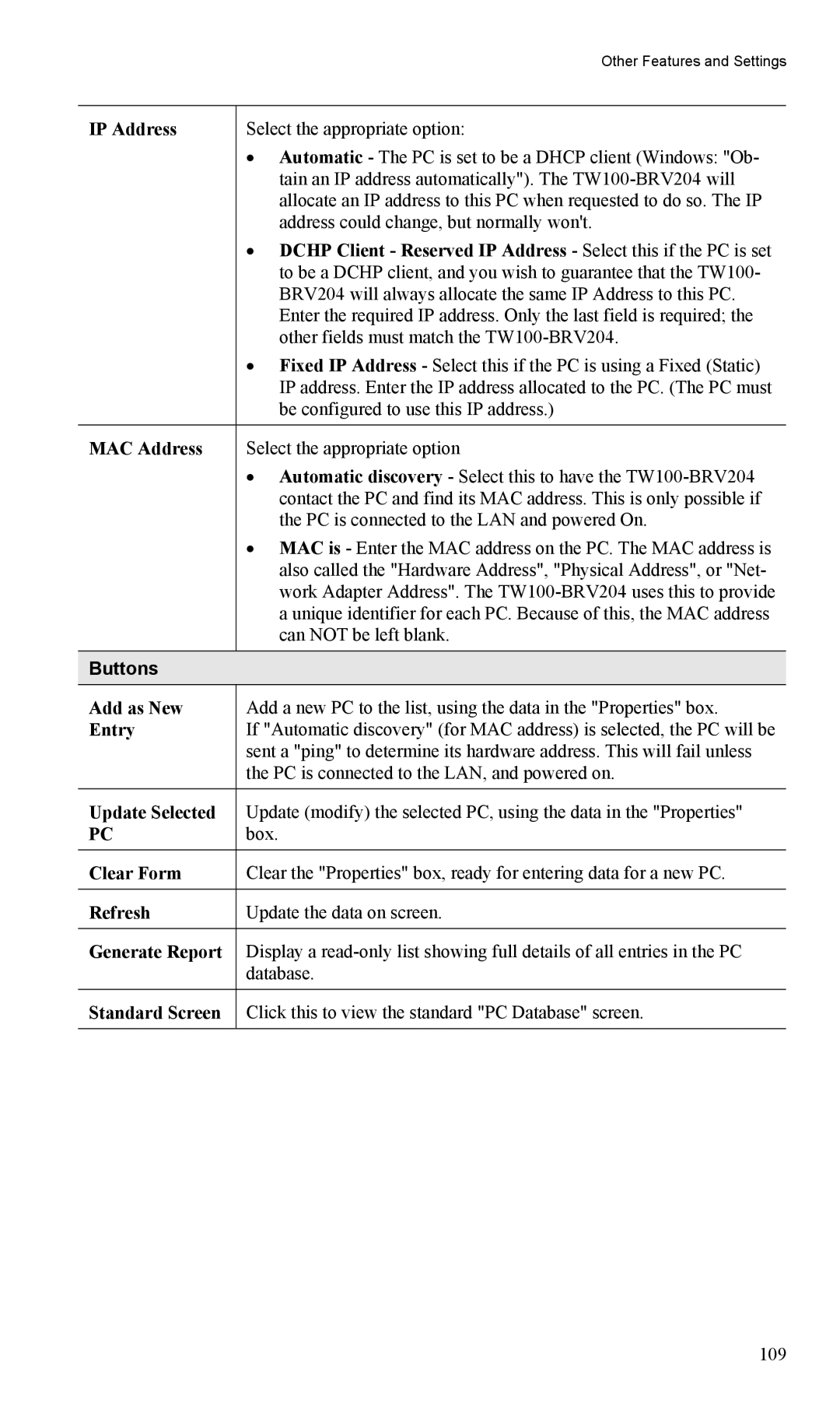 TRENDnet TW100-BRV204, VPN Firewall Router manual Add as New, Entry, Update Selected, Clear Form, Standard Screen 