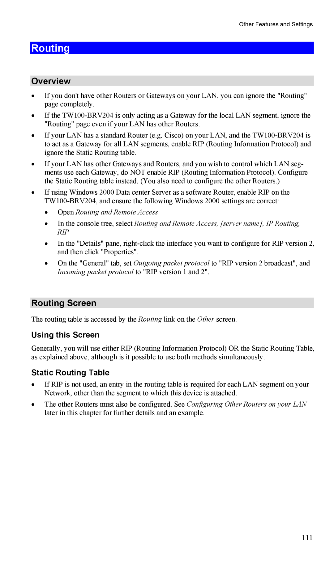 TRENDnet TW100-BRV204, VPN Firewall Router manual Overview, Routing Screen, Using this Screen, Static Routing Table 