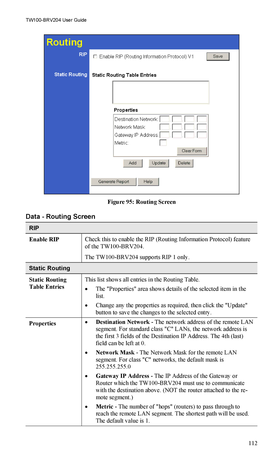 TRENDnet VPN Firewall Router, TW100-BRV204 manual Data Routing Screen, Static Routing 