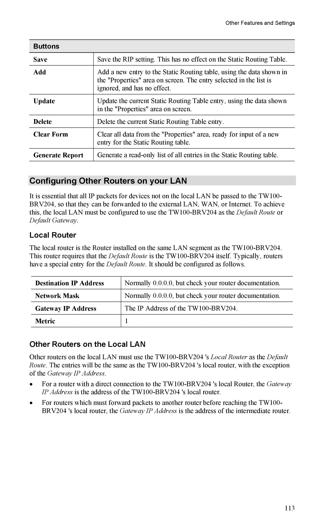 TRENDnet TW100-BRV204 manual Configuring Other Routers on your LAN, Local Router, Other Routers on the Local LAN 