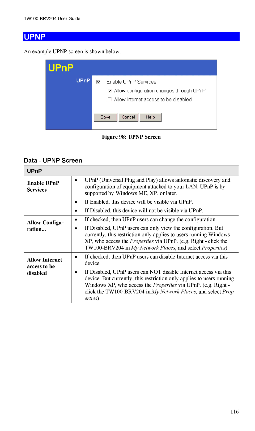 TRENDnet VPN Firewall Router, TW100-BRV204 manual Data Upnp Screen, UPnP 