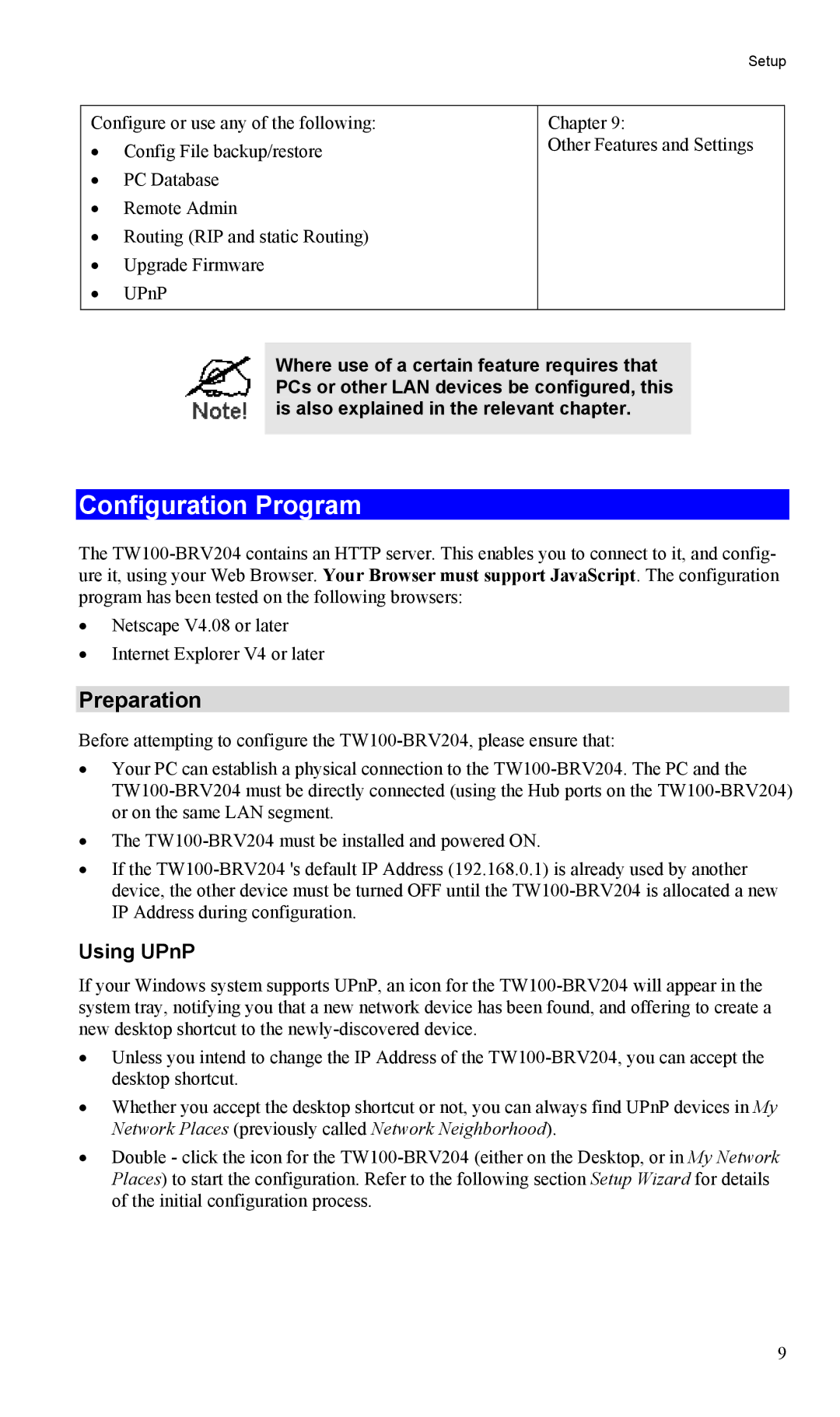 TRENDnet TW100-BRV204, VPN Firewall Router manual Configuration Program, Preparation, Using UPnP 