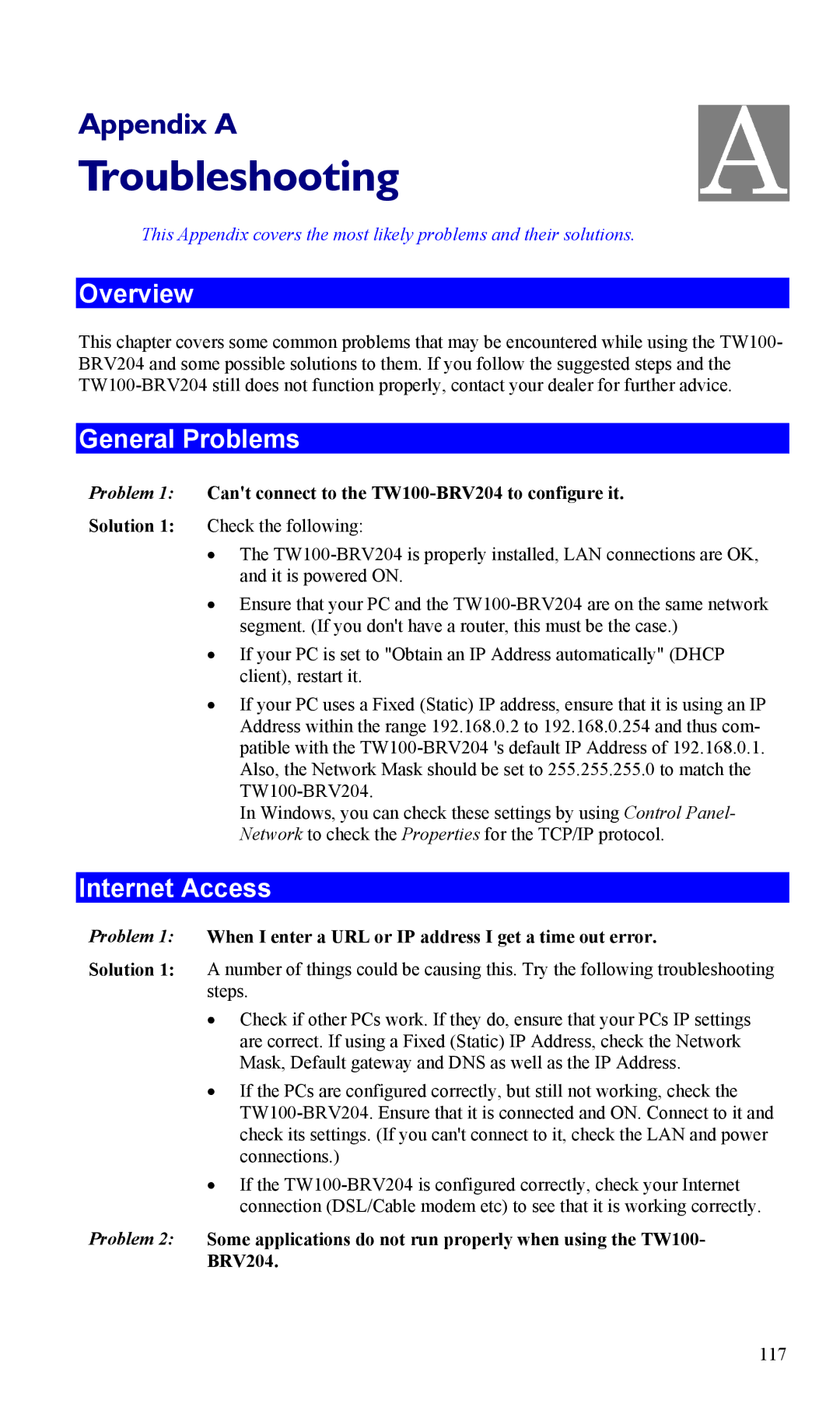 TRENDnet manual General Problems, Internet Access, Problem 1 Cant connect to the TW100-BRV204 to configure it 