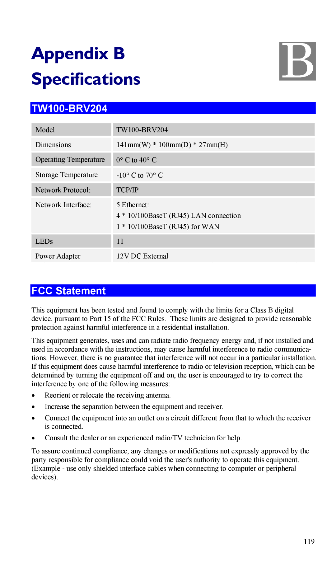 TRENDnet TW100-BRV204, VPN Firewall Router manual FCC Statement 