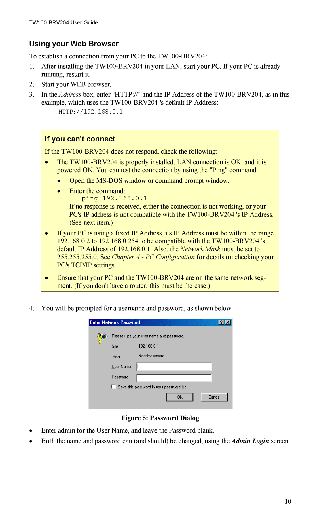 TRENDnet VPN Firewall Router, TW100-BRV204 manual Using your Web Browser, If you cant connect 