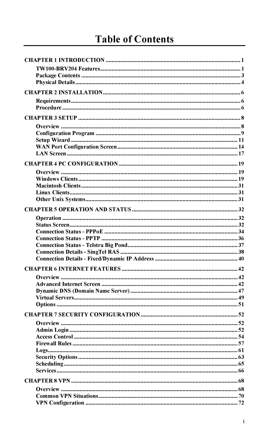 TRENDnet TW100-BRV204, VPN Firewall Router manual Table of Contents 