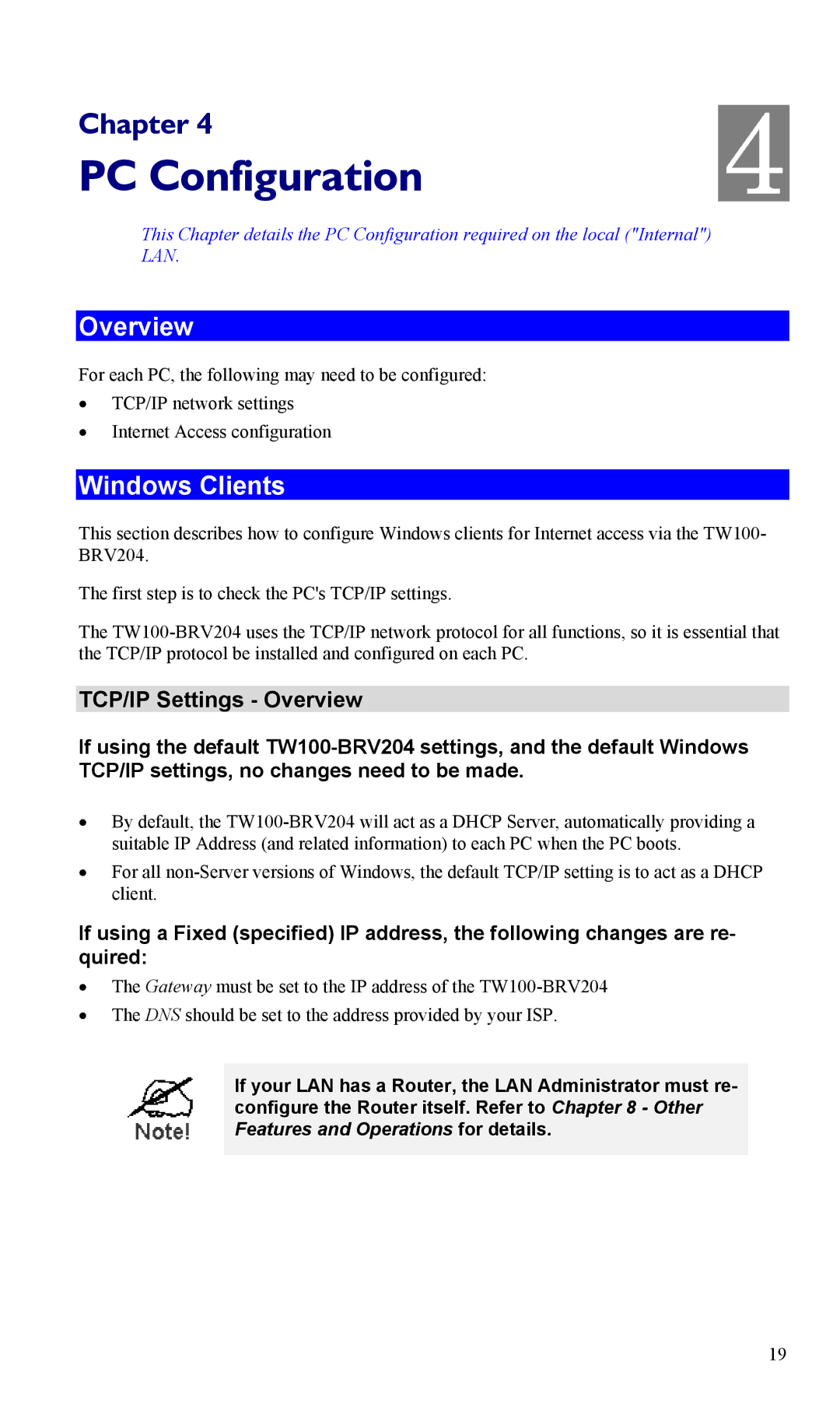 TRENDnet TW100-BRV204, VPN Firewall Router manual Windows Clients, TCP/IP Settings Overview 