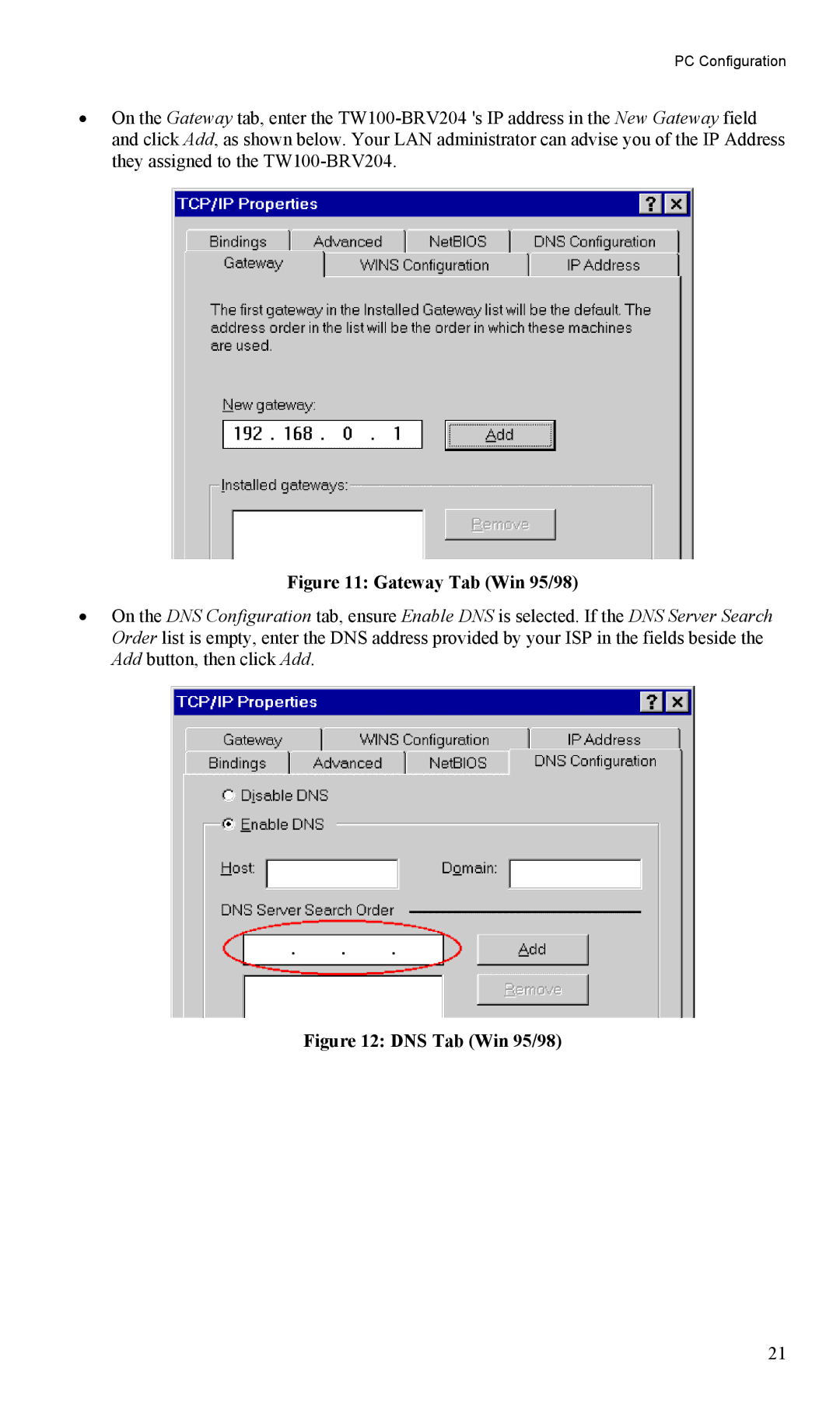 TRENDnet TW100-BRV204, VPN Firewall Router manual Gateway Tab Win 95/98 