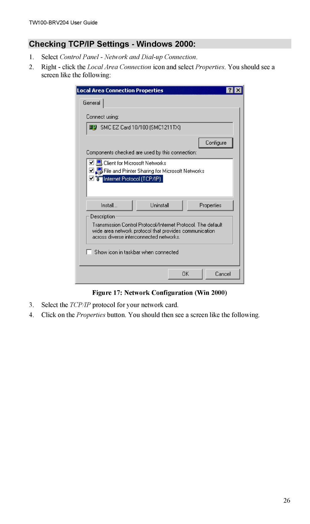 TRENDnet VPN Firewall Router, TW100-BRV204 manual Checking TCP/IP Settings Windows, Network Configuration Win 