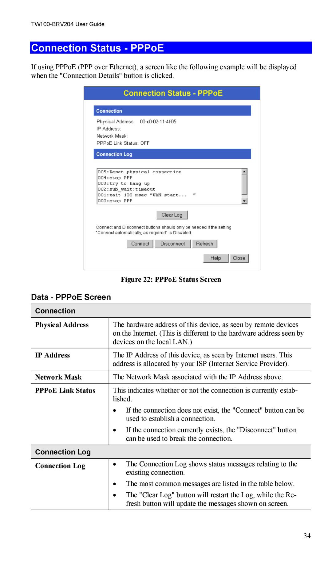 TRENDnet VPN Firewall Router, TW100-BRV204 manual Connection Status PPPoE, Data PPPoE Screen, Connection Log 